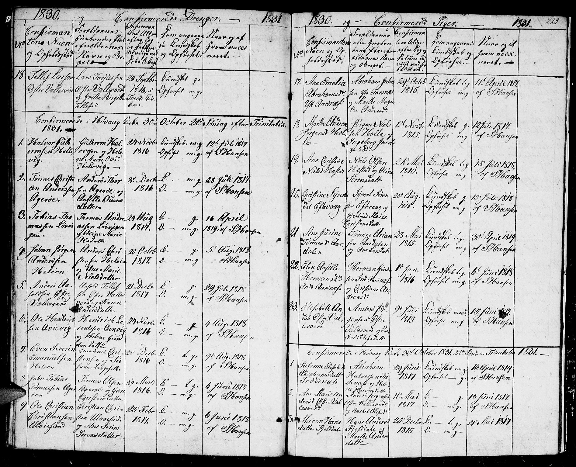 Høvåg sokneprestkontor, SAK/1111-0025/F/Fb/L0001: Parish register (copy) no. B 1, 1817-1846, p. 225