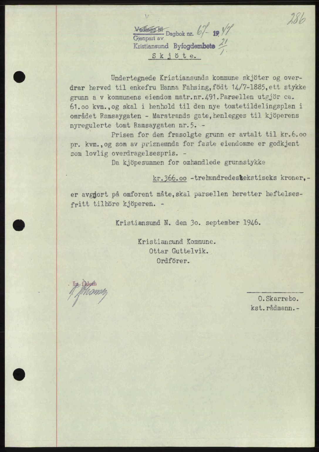 Kristiansund byfogd, AV/SAT-A-4587/A/27: Mortgage book no. 39b, 1946-1947, Diary no: : 67/1947