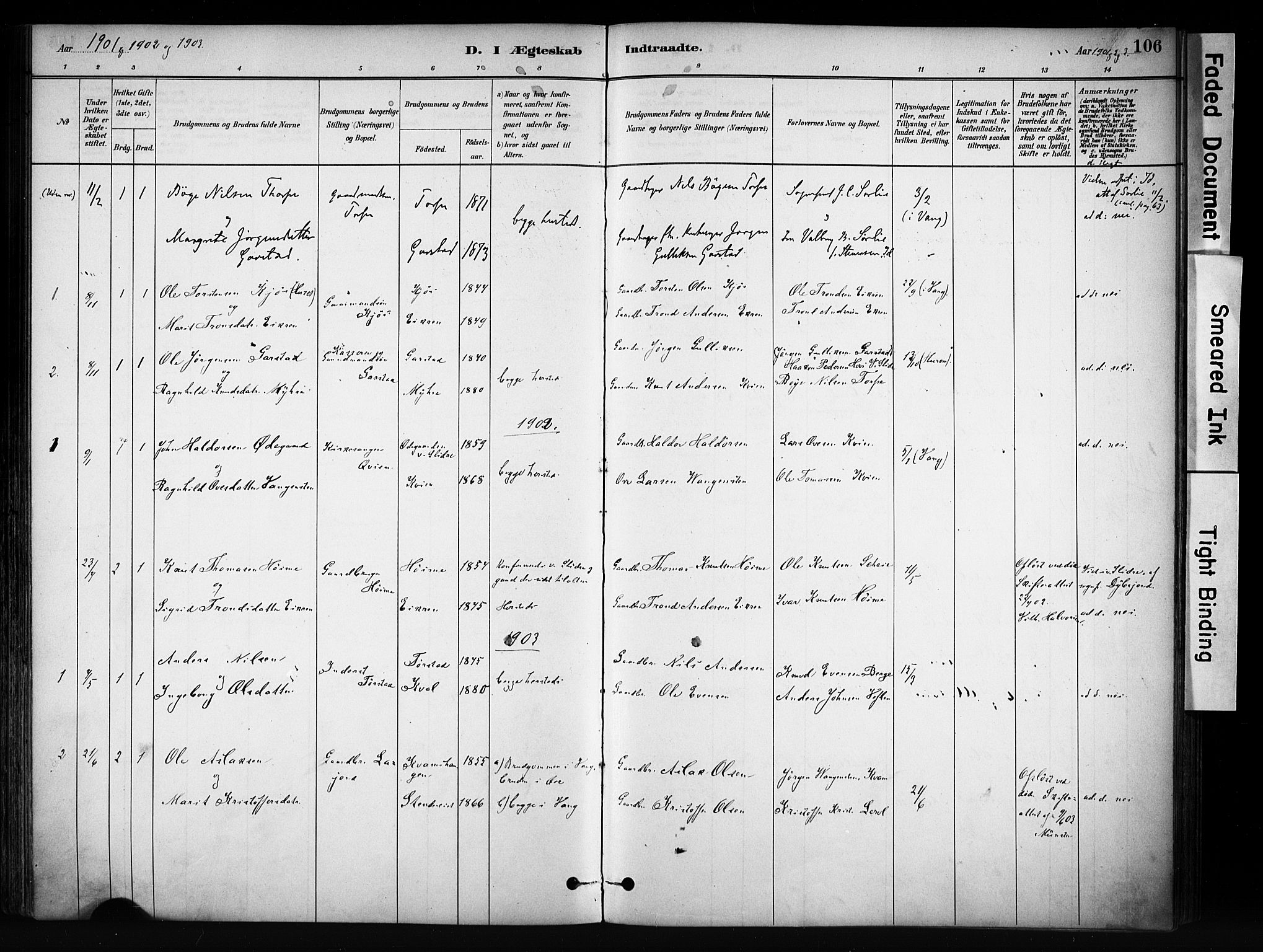 Vang prestekontor, Valdres, AV/SAH-PREST-140/H/Ha/L0009: Parish register (official) no. 9, 1882-1914, p. 106