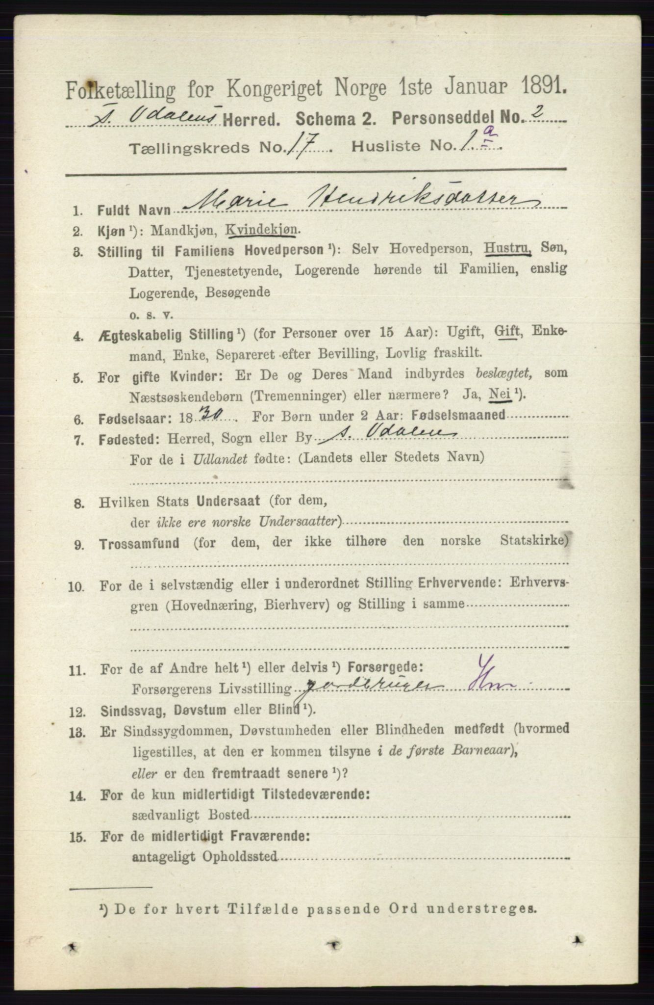 RA, 1891 census for 0419 Sør-Odal, 1891, p. 7837