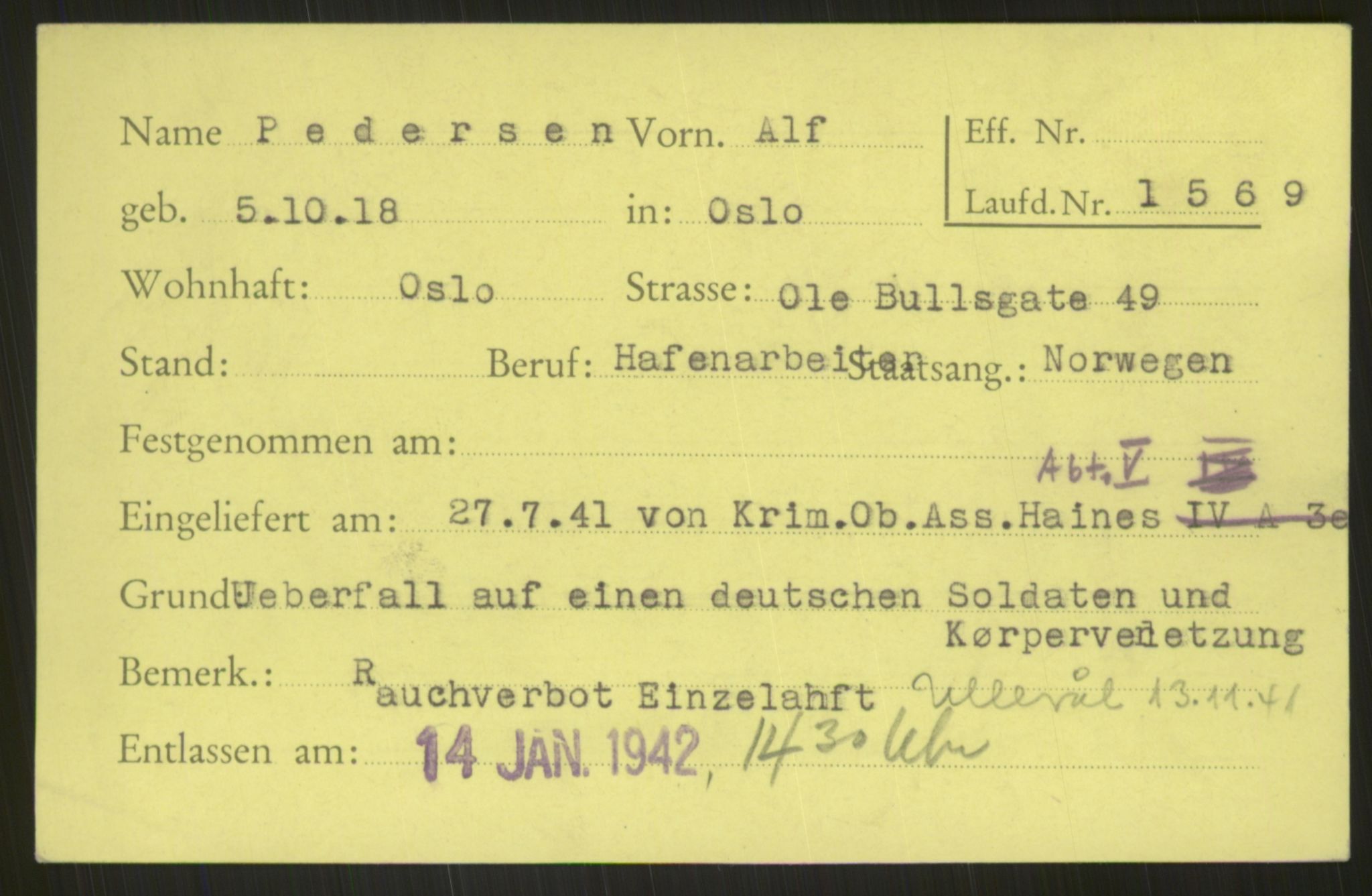 Befehlshaber der Sicherheitspolizei und des SD, AV/RA-RAFA-5969/E/Ea/Eab/L0001: Register over norske fanger i Møllergata 19 ordnet etter fangenummer: 1-2049, 1940-1945