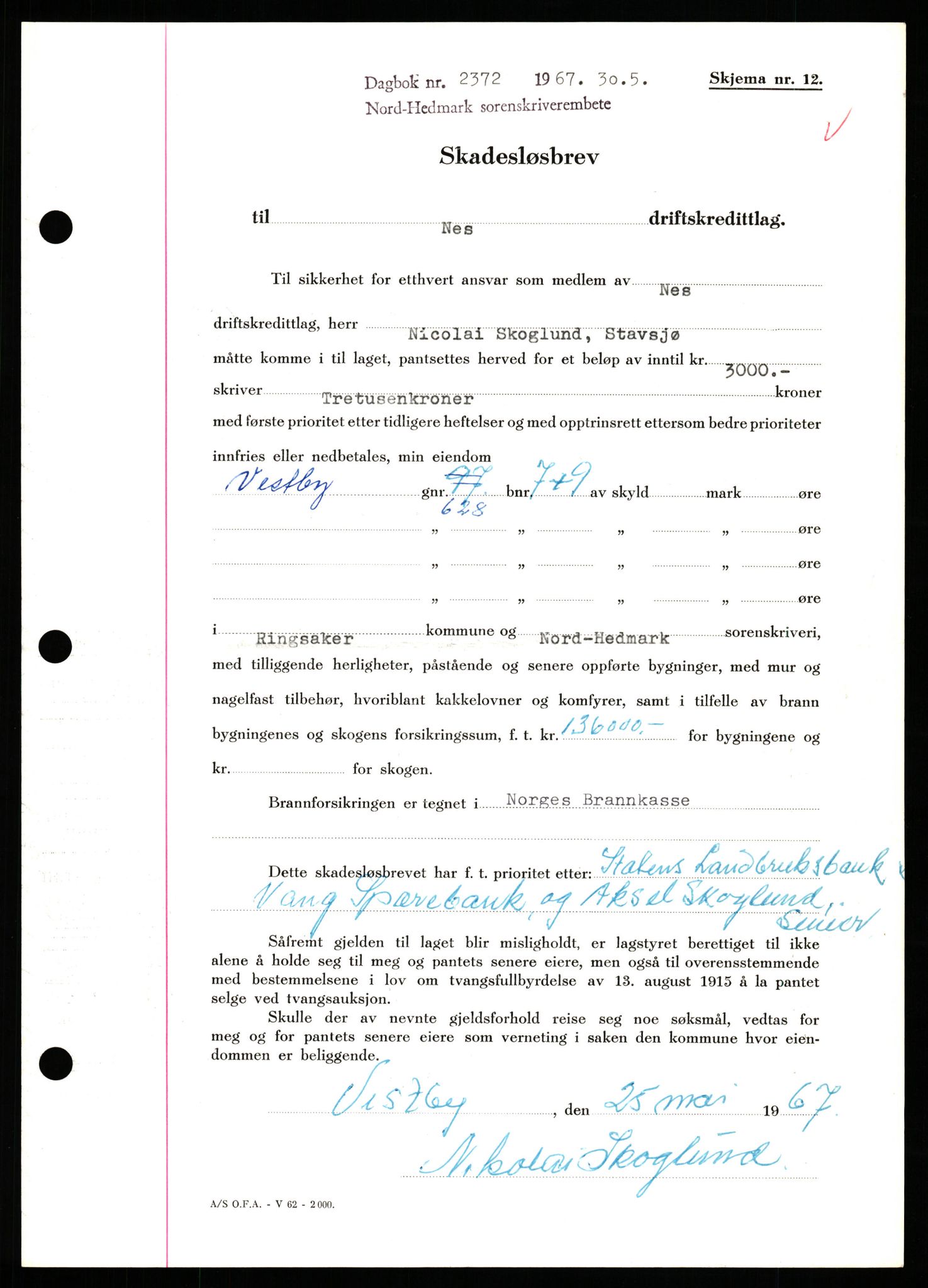 Nord-Hedmark sorenskriveri, SAH/TING-012/H/Hb/Hbf/L0071: Mortgage book no. B71, 1967-1967, Diary no: : 2372/1967