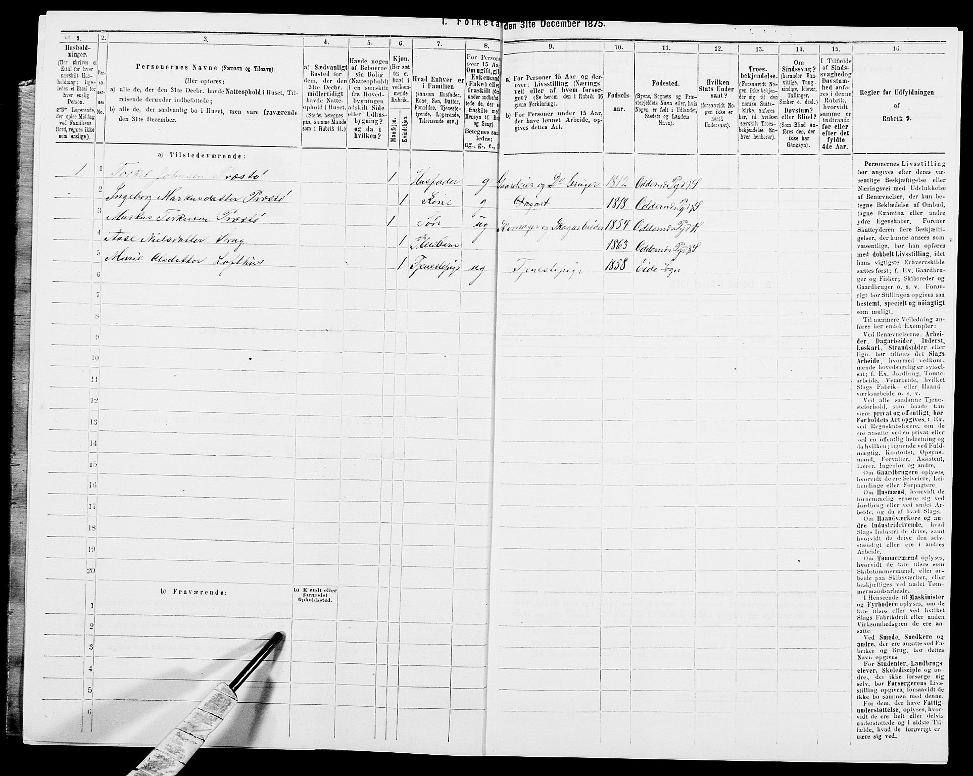 SAK, 1875 census for 1012P Oddernes, 1875, p. 434