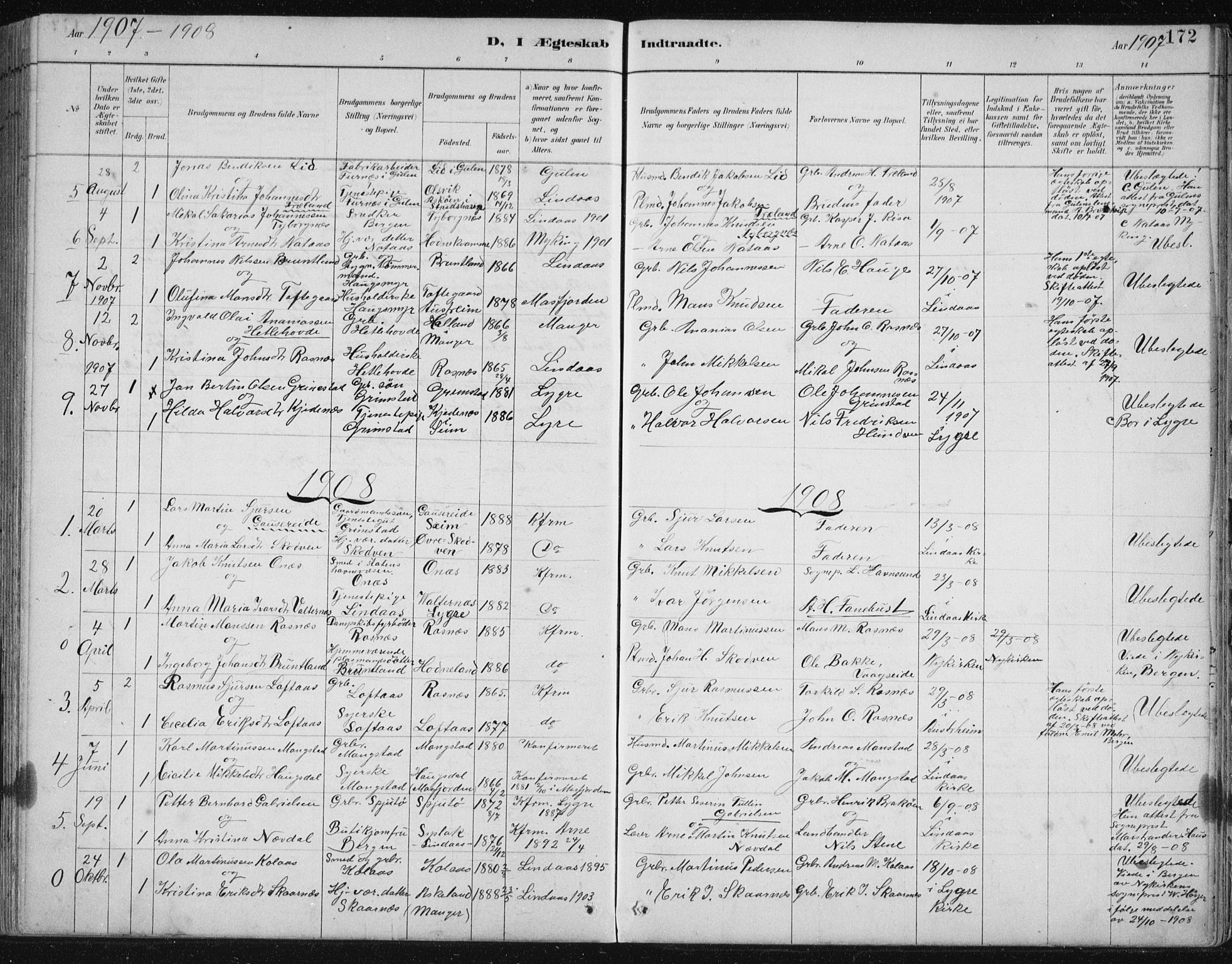 Lindås Sokneprestembete, SAB/A-76701/H/Hab: Parish register (copy) no. B 3, 1886-1914, p. 172