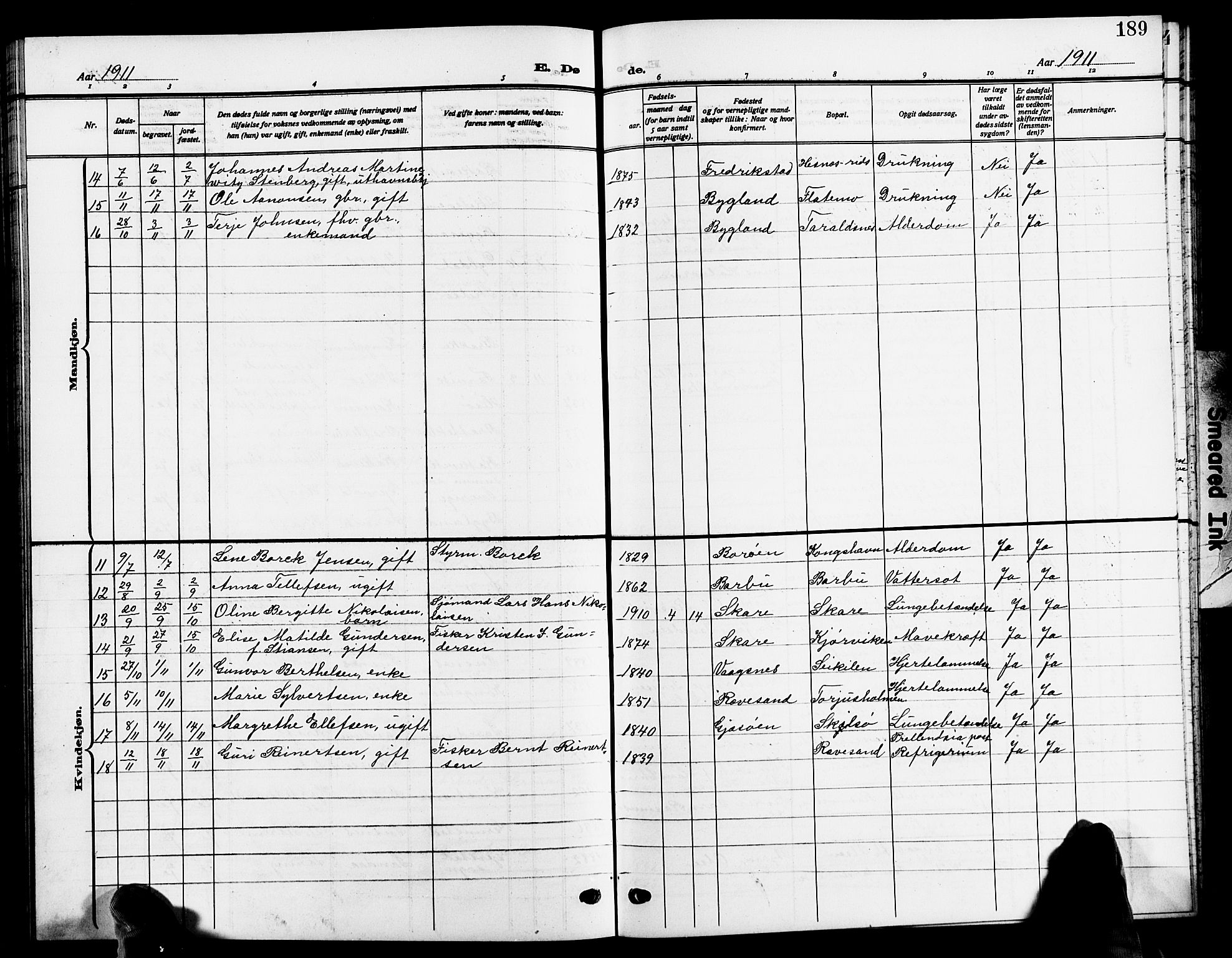 Tromøy sokneprestkontor, SAK/1111-0041/F/Fb/L0007: Parish register (copy) no. B 7, 1908-1925, p. 189