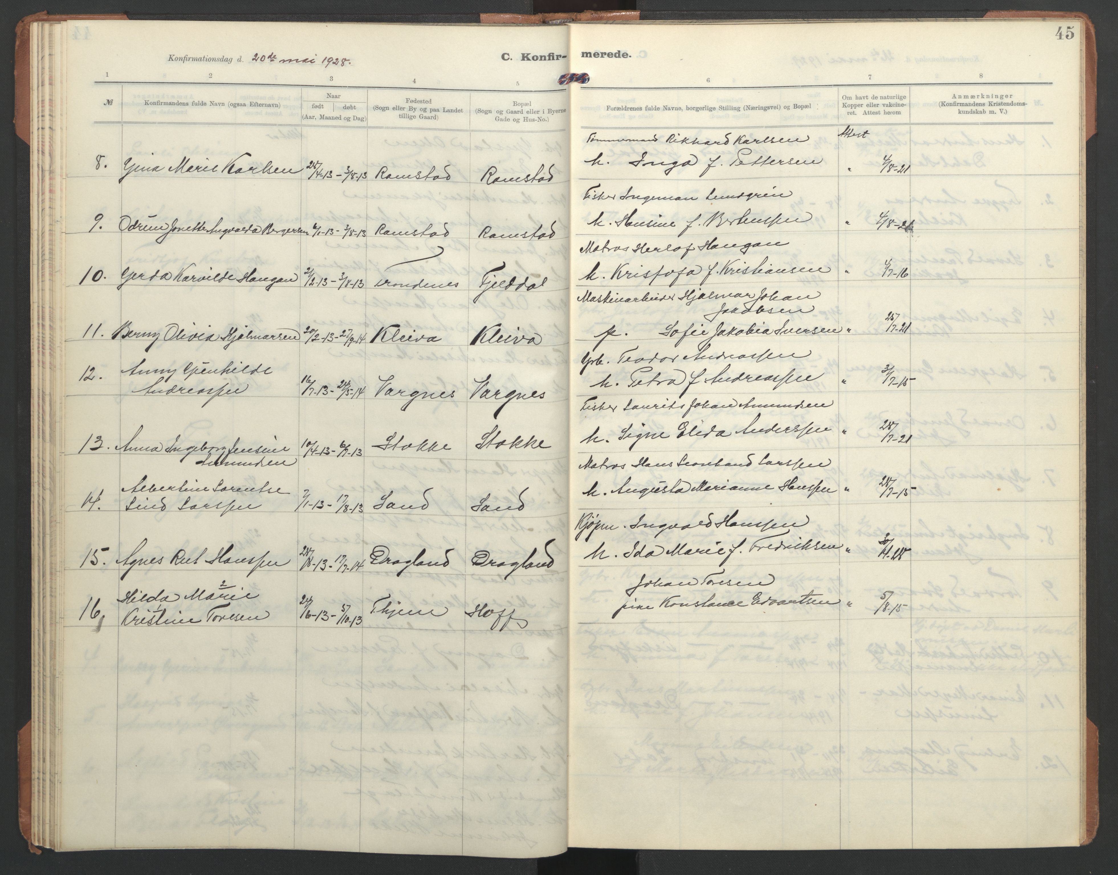 Ministerialprotokoller, klokkerbøker og fødselsregistre - Nordland, AV/SAT-A-1459/865/L0934: Parish register (copy) no. 865C06, 1911-1942, p. 45