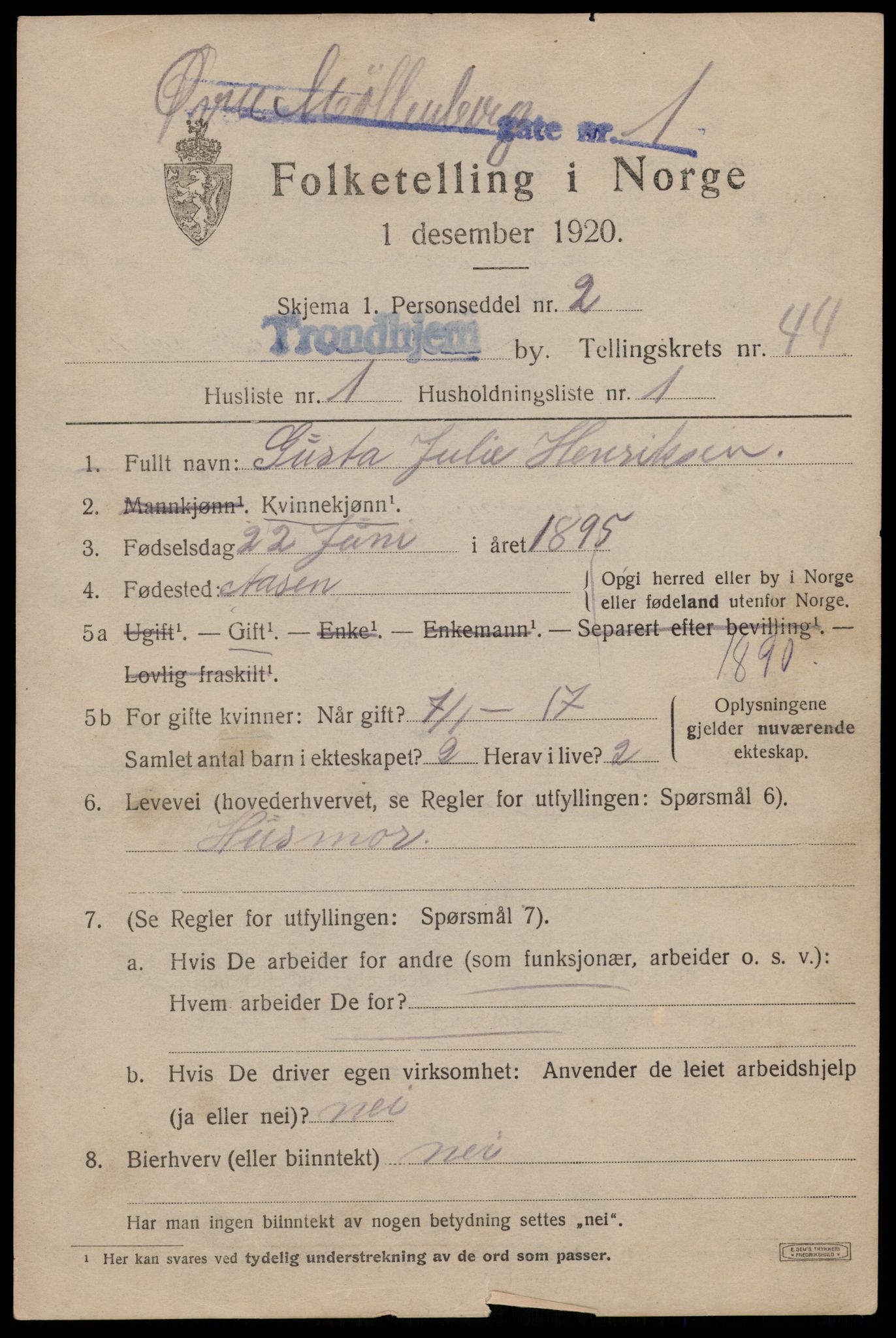 SAT, 1920 census for Trondheim, 1920, p. 94866