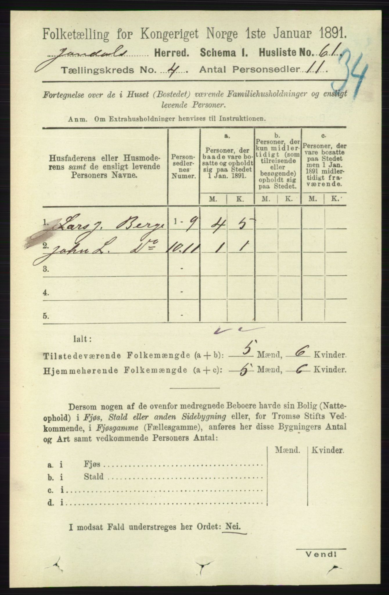 RA, 1891 census for 1227 Jondal, 1891, p. 2051