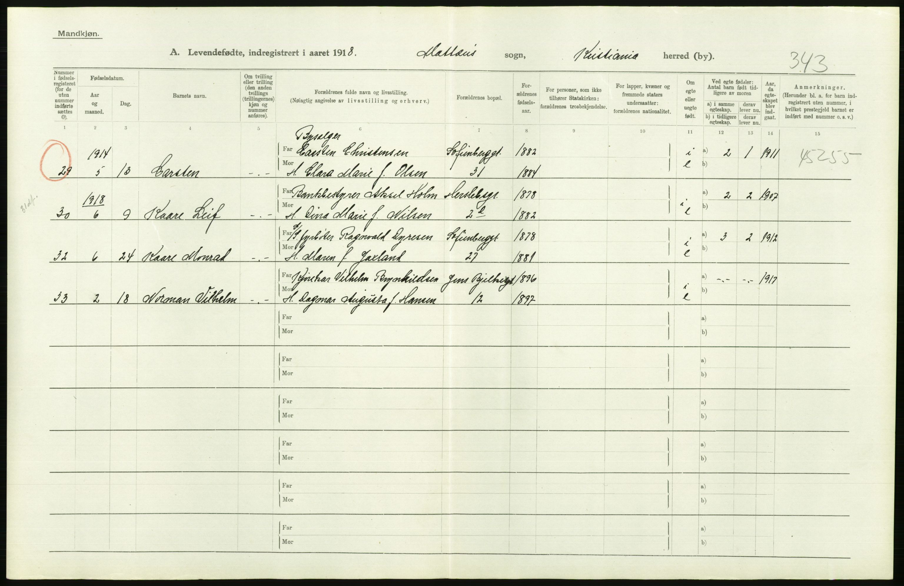 Statistisk sentralbyrå, Sosiodemografiske emner, Befolkning, AV/RA-S-2228/D/Df/Dfb/Dfbh/L0008: Kristiania: Levendefødte menn og kvinner., 1918, p. 60