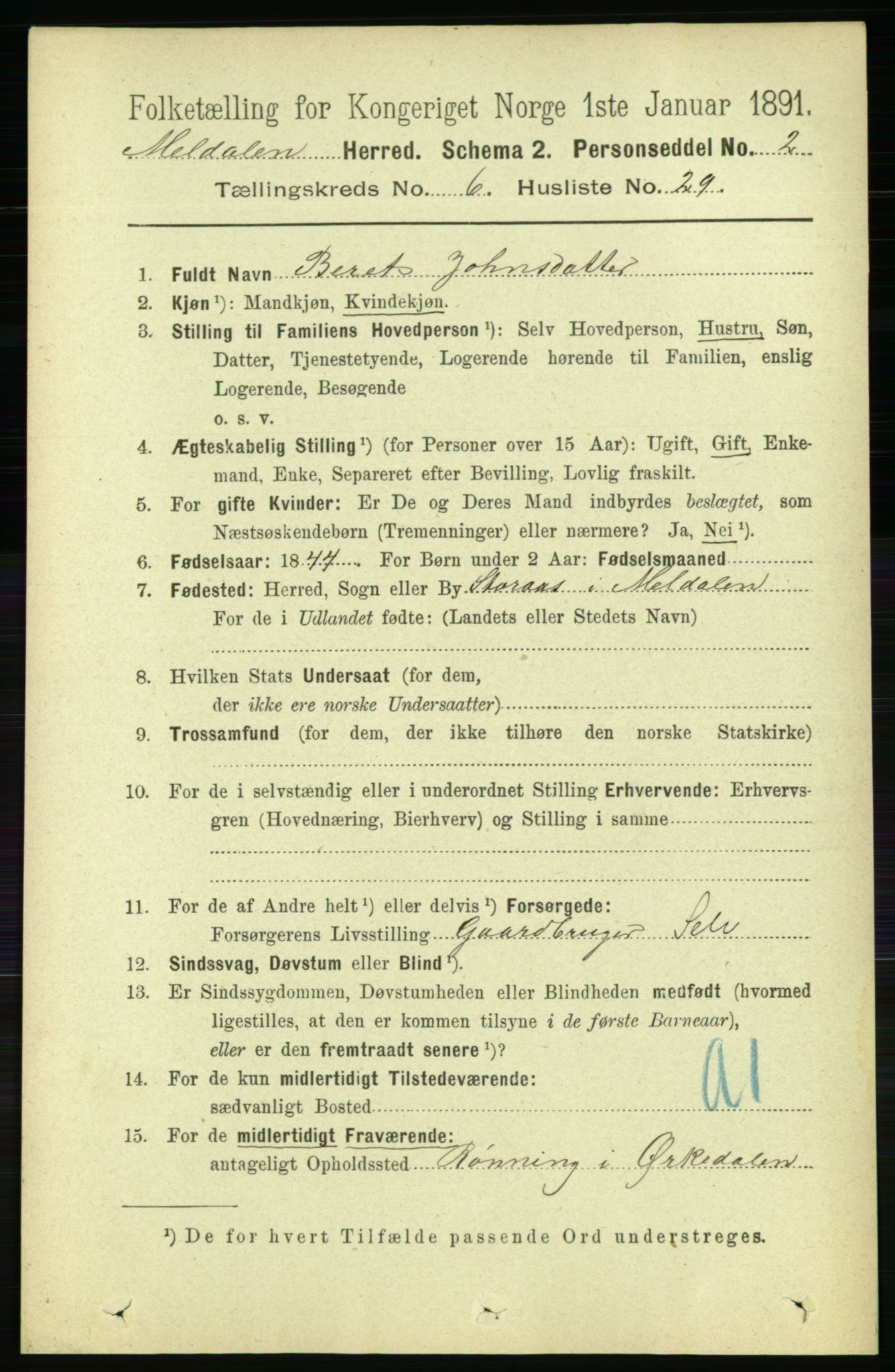 RA, 1891 census for 1636 Meldal, 1891, p. 3043