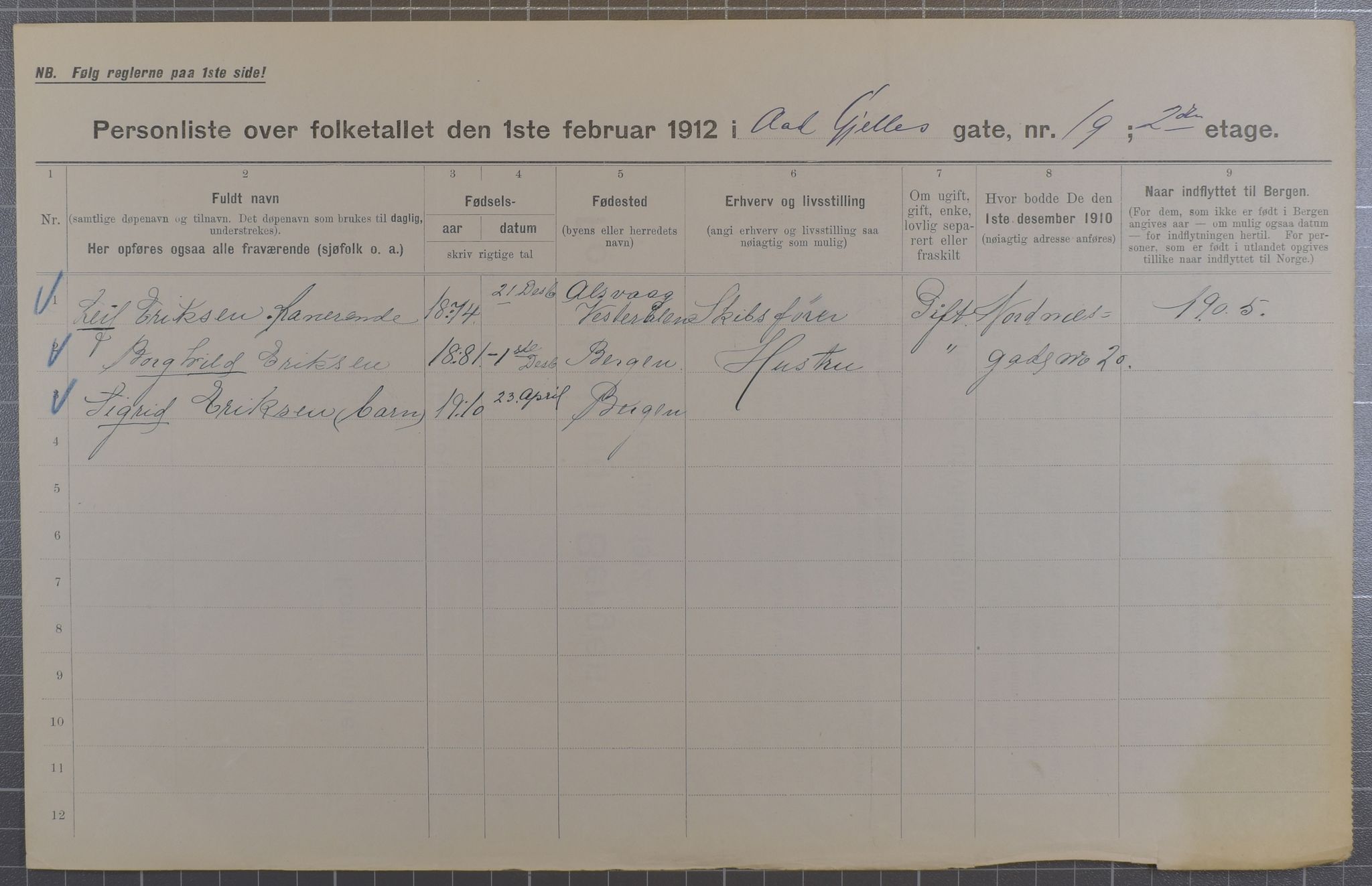 SAB, Municipal Census 1912 for Bergen, 1912, p. 78