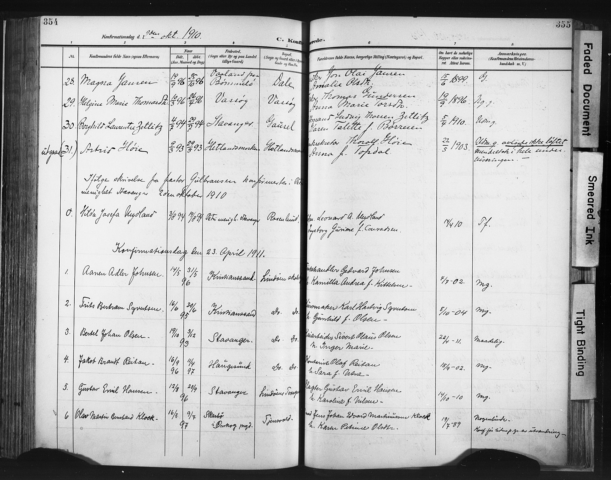 Hetland sokneprestkontor, SAST/A-101826/30/30BA/L0013: Parish register (official) no. A 13, 1904-1918, p. 354-355