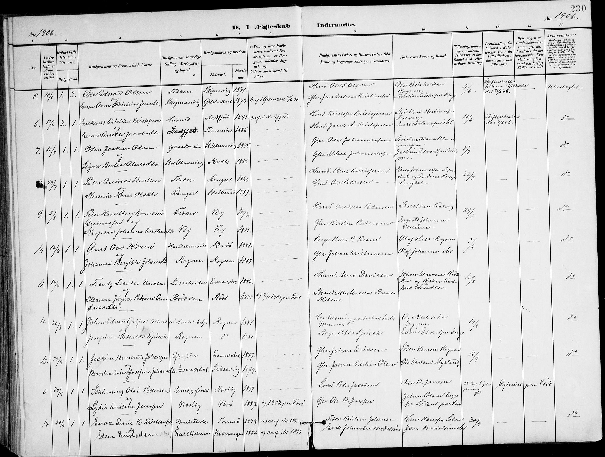 Ministerialprotokoller, klokkerbøker og fødselsregistre - Nordland, AV/SAT-A-1459/847/L0672: Parish register (official) no. 847A12, 1902-1919, p. 230