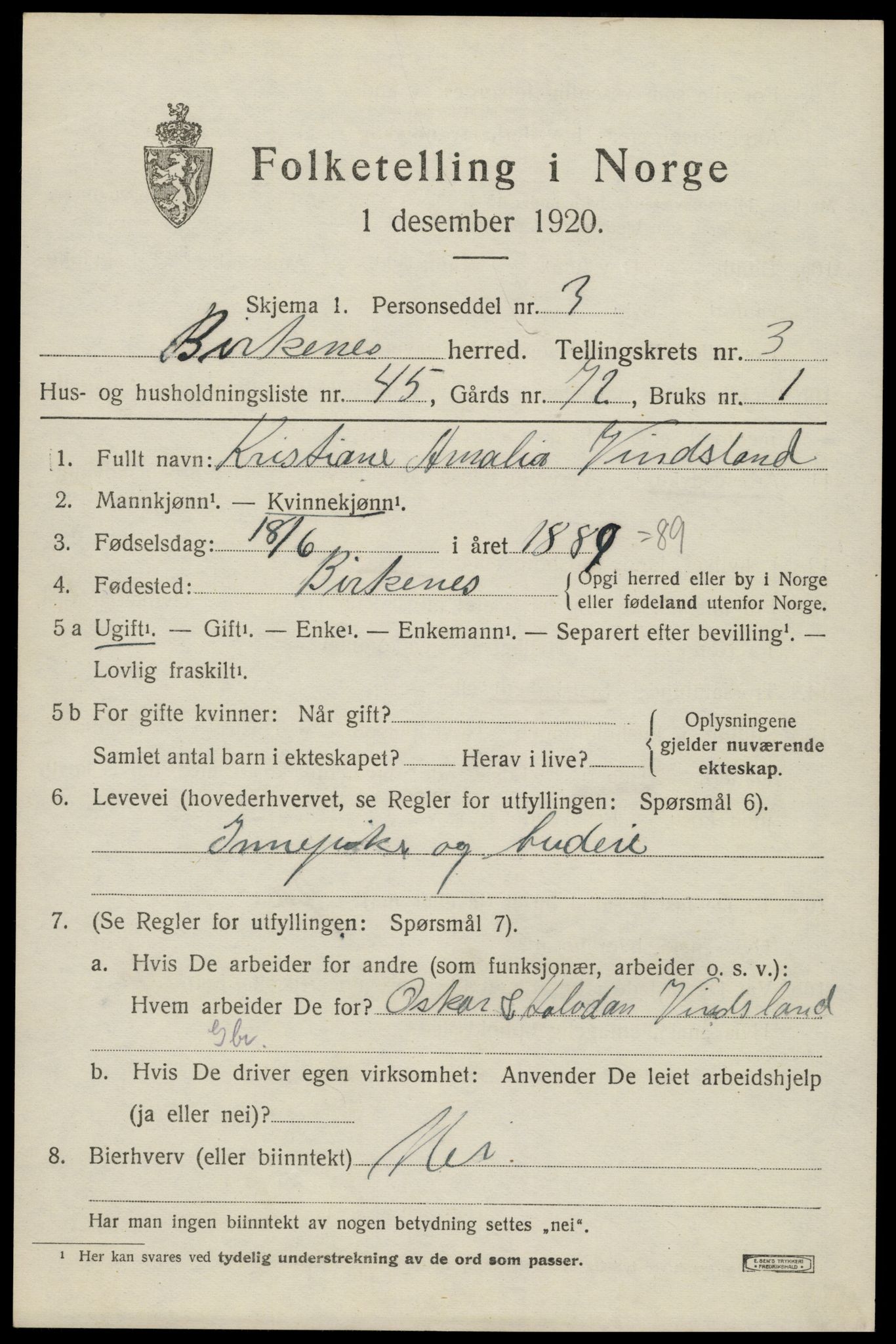 SAK, 1920 census for Birkenes, 1920, p. 1759