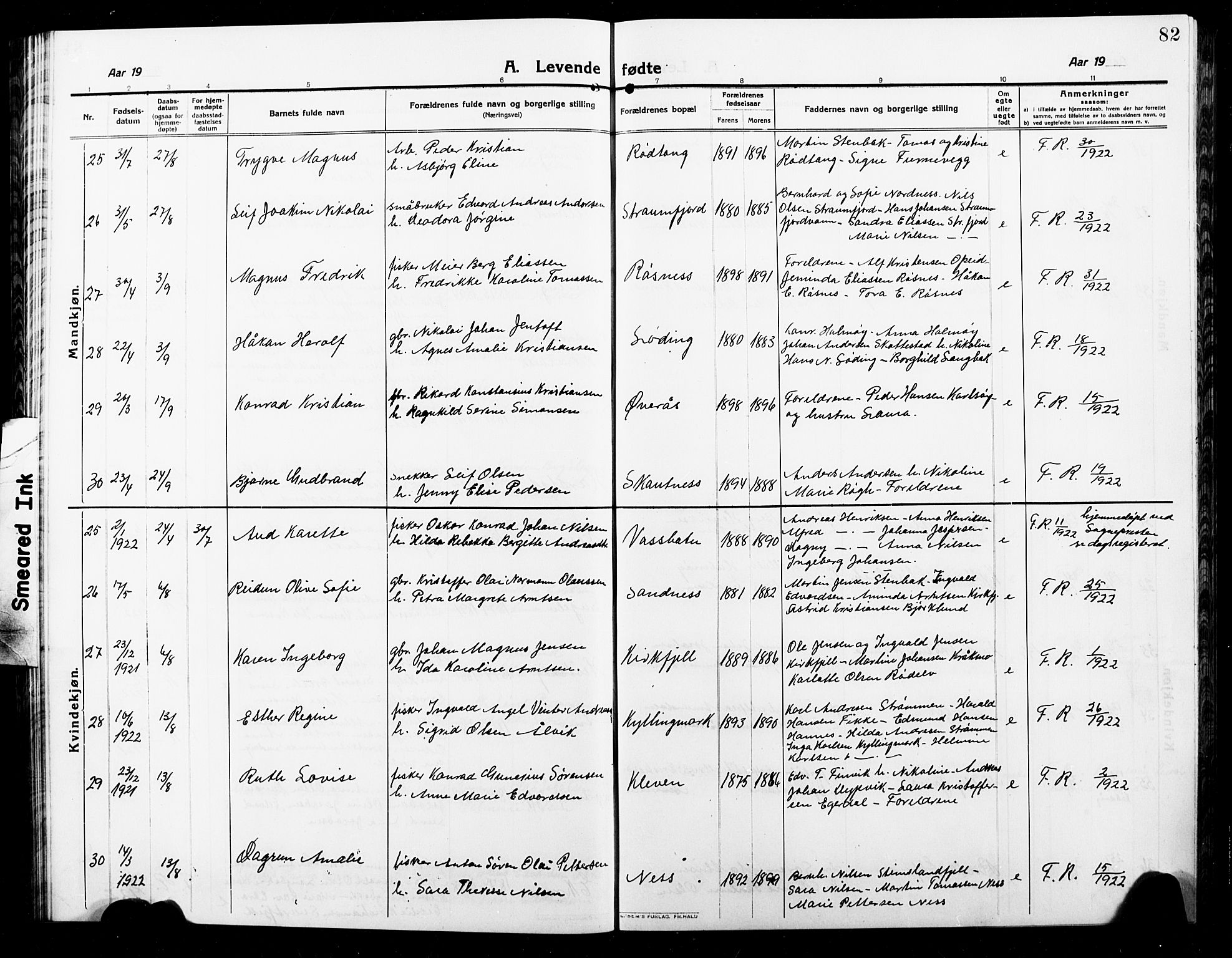 Ministerialprotokoller, klokkerbøker og fødselsregistre - Nordland, AV/SAT-A-1459/859/L0861: Parish register (copy) no. 859C07, 1910-1925, p. 82