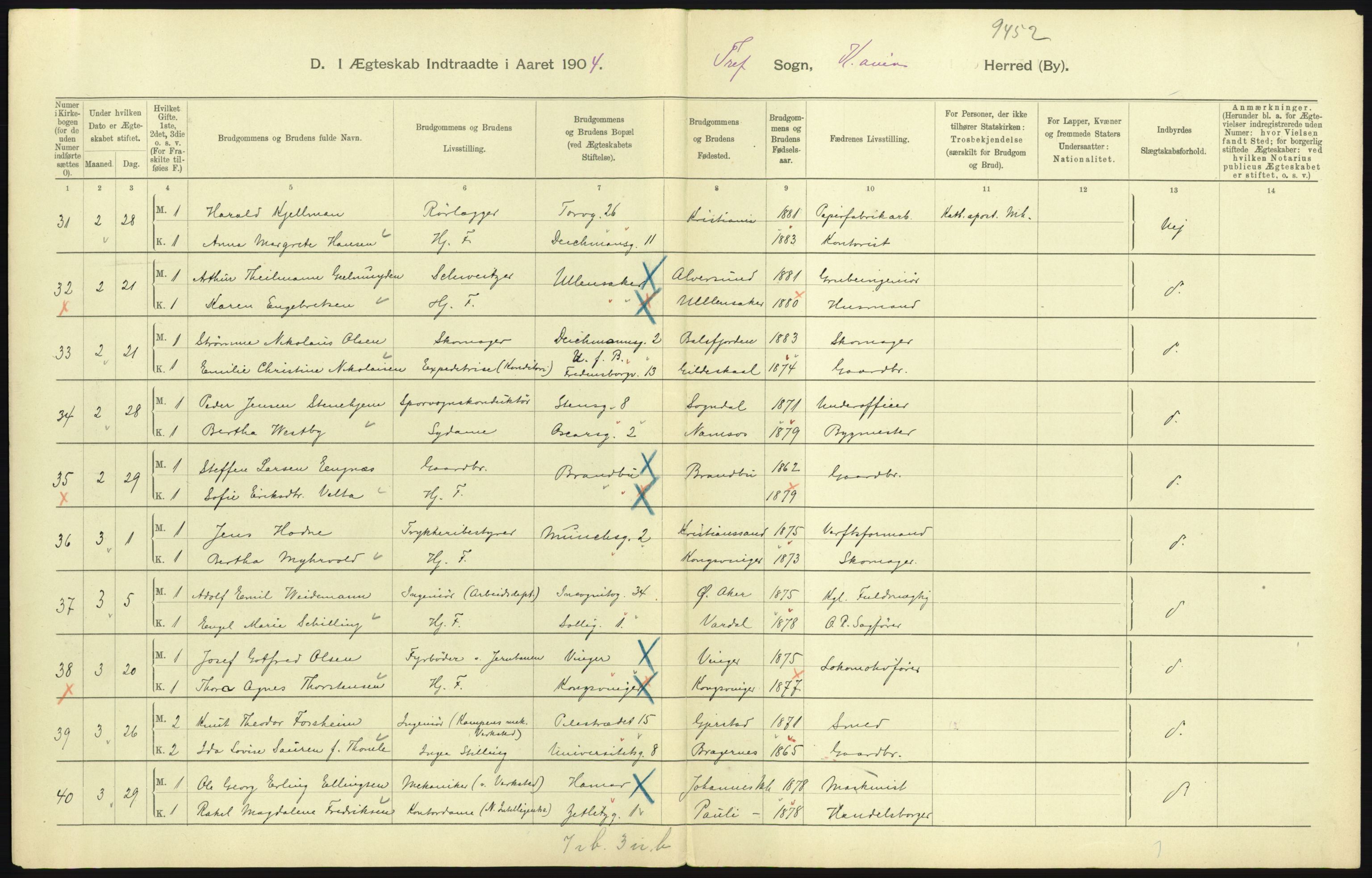 Statistisk sentralbyrå, Sosiodemografiske emner, Befolkning, AV/RA-S-2228/D/Df/Dfa/Dfab/L0004: Kristiania: Gifte, døde, 1904, p. 95