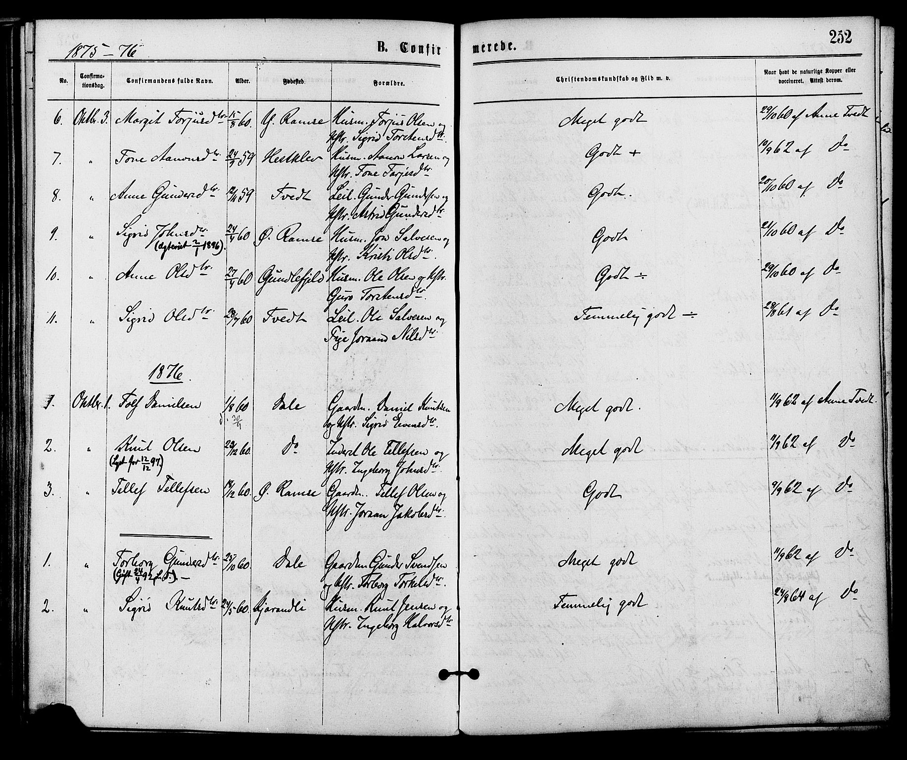 Åmli sokneprestkontor, SAK/1111-0050/F/Fa/Fac/L0009: Parish register (official) no. A 9 /3, 1869-1884, p. 252