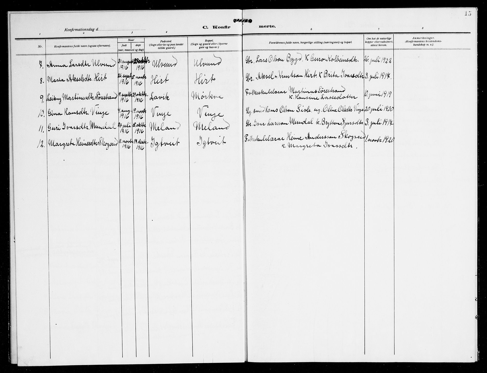 Vossestrand Sokneprestembete, SAB/A-79101/H/Hab: Parish register (copy) no. B 6, 1921-1946, p. 15