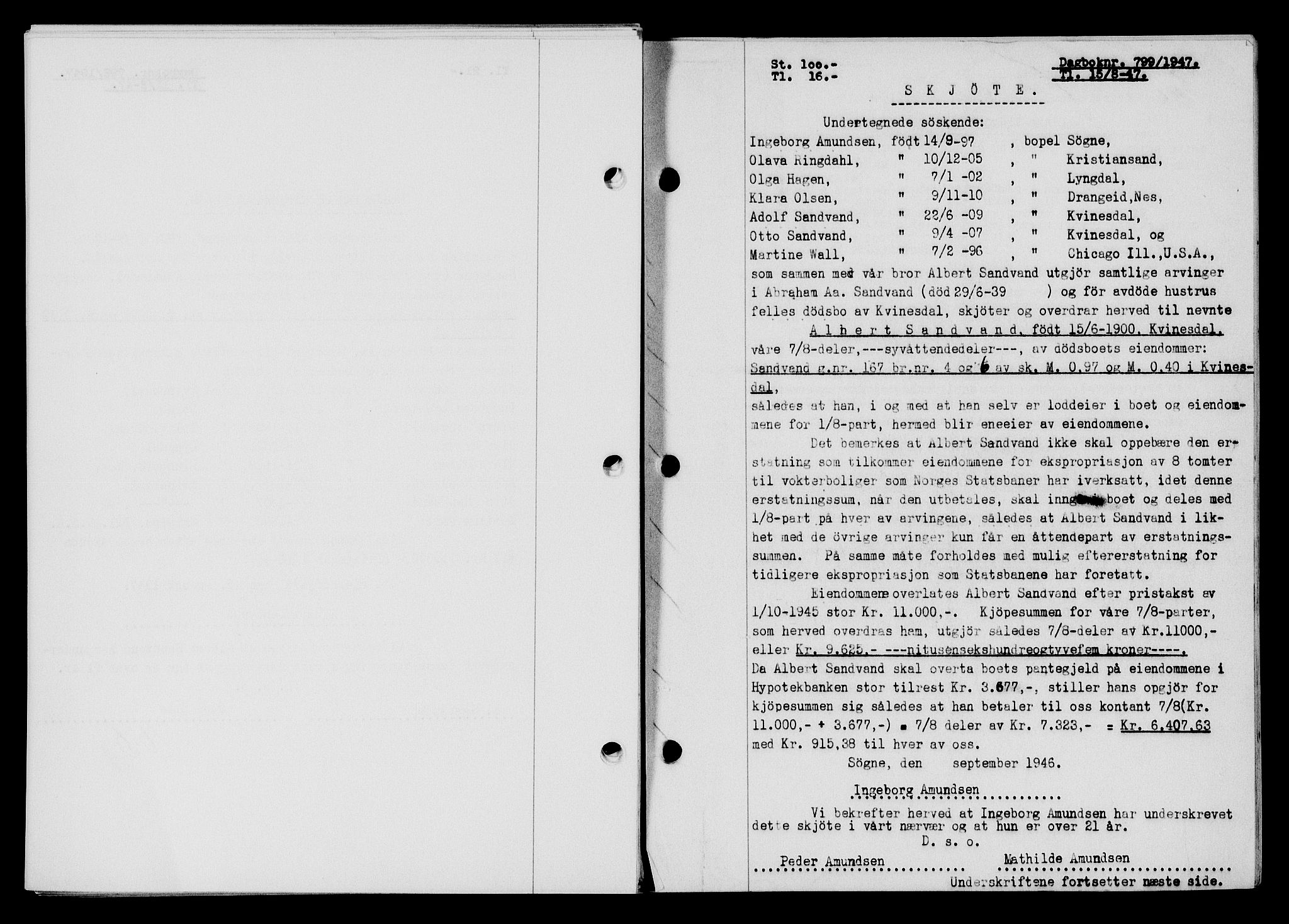 Flekkefjord sorenskriveri, SAK/1221-0001/G/Gb/Gba/L0062: Mortgage book no. A-10, 1947-1947, Diary no: : 799/1947