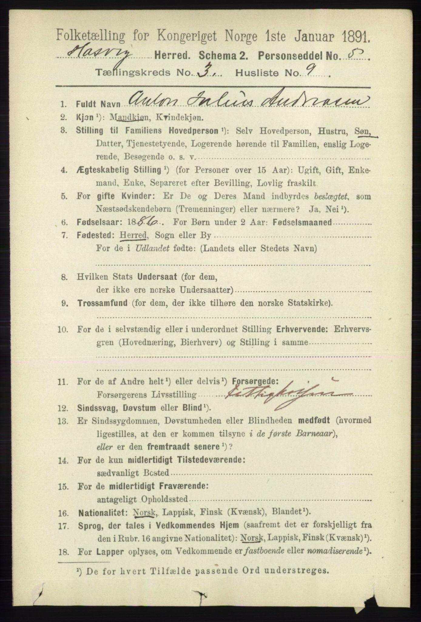 RA, 1891 census for 2015 Hasvik, 1891, p. 457