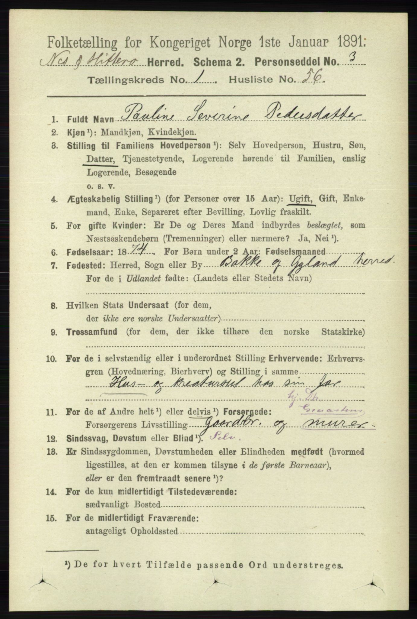 RA, 1891 census for 1043 Hidra og Nes, 1891, p. 399