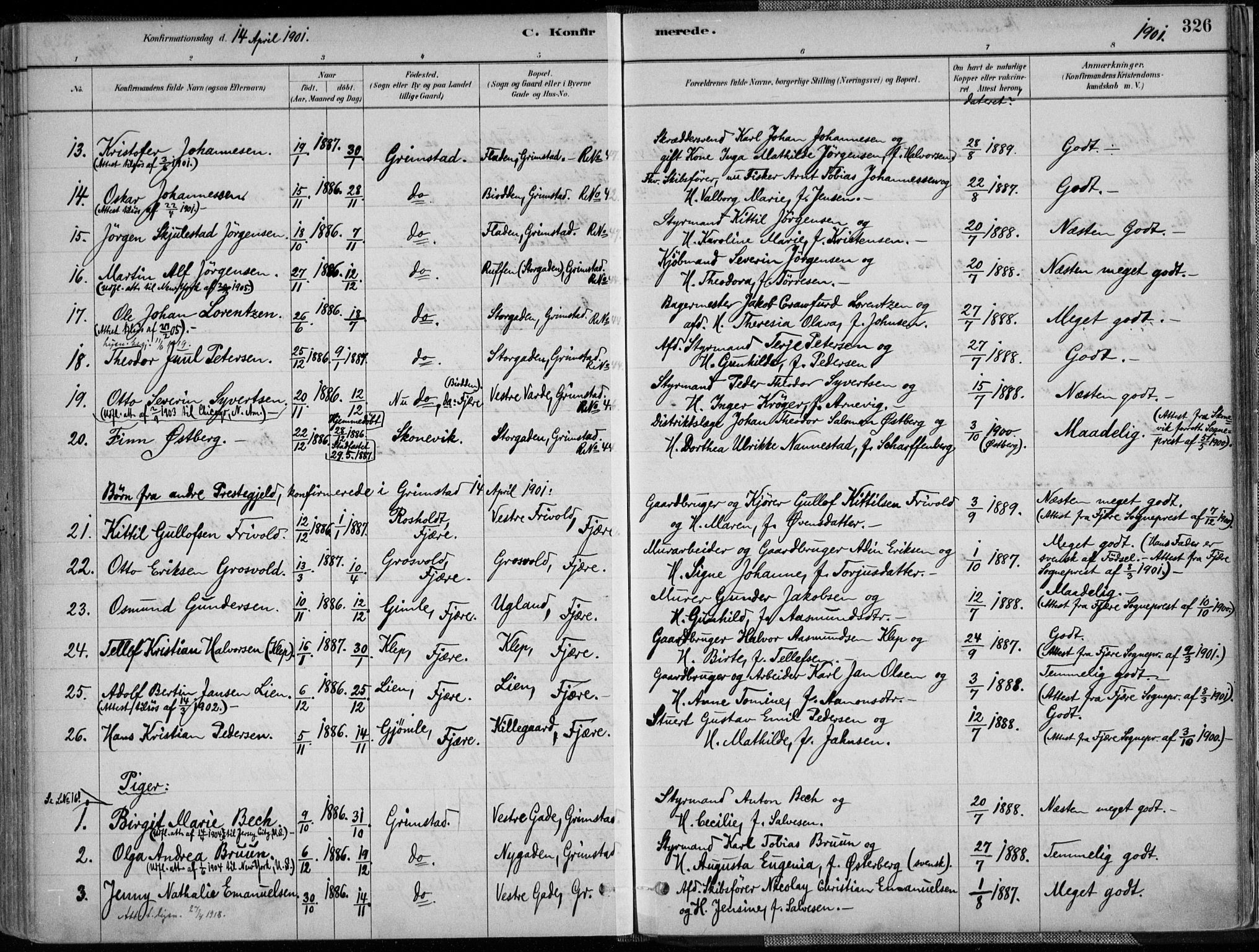 Grimstad sokneprestkontor, SAK/1111-0017/F/Fa/L0003: Parish register (official) no. A 2, 1882-1912, p. 326