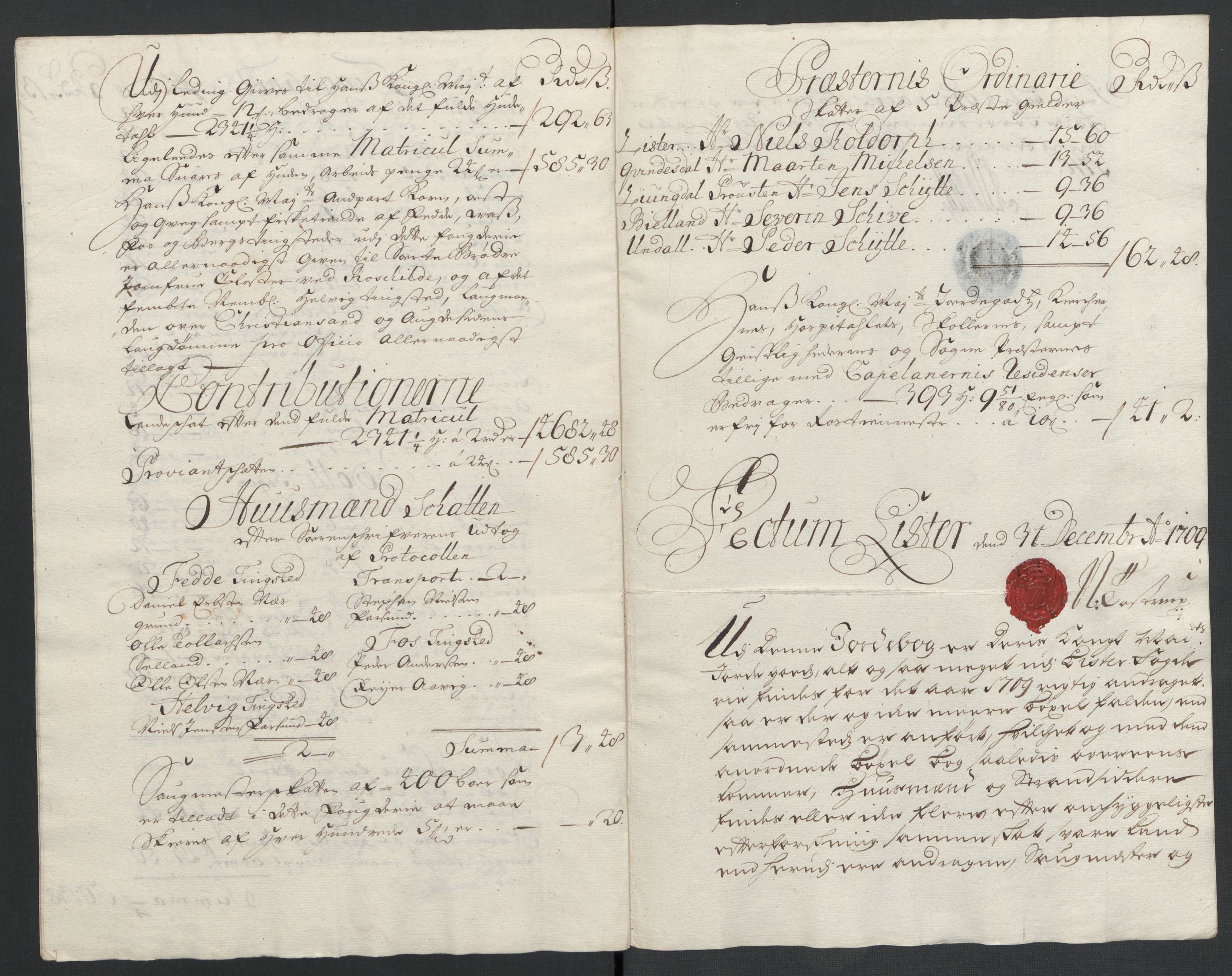 Rentekammeret inntil 1814, Reviderte regnskaper, Fogderegnskap, AV/RA-EA-4092/R43/L2552: Fogderegnskap Lista og Mandal, 1705-1709, p. 229
