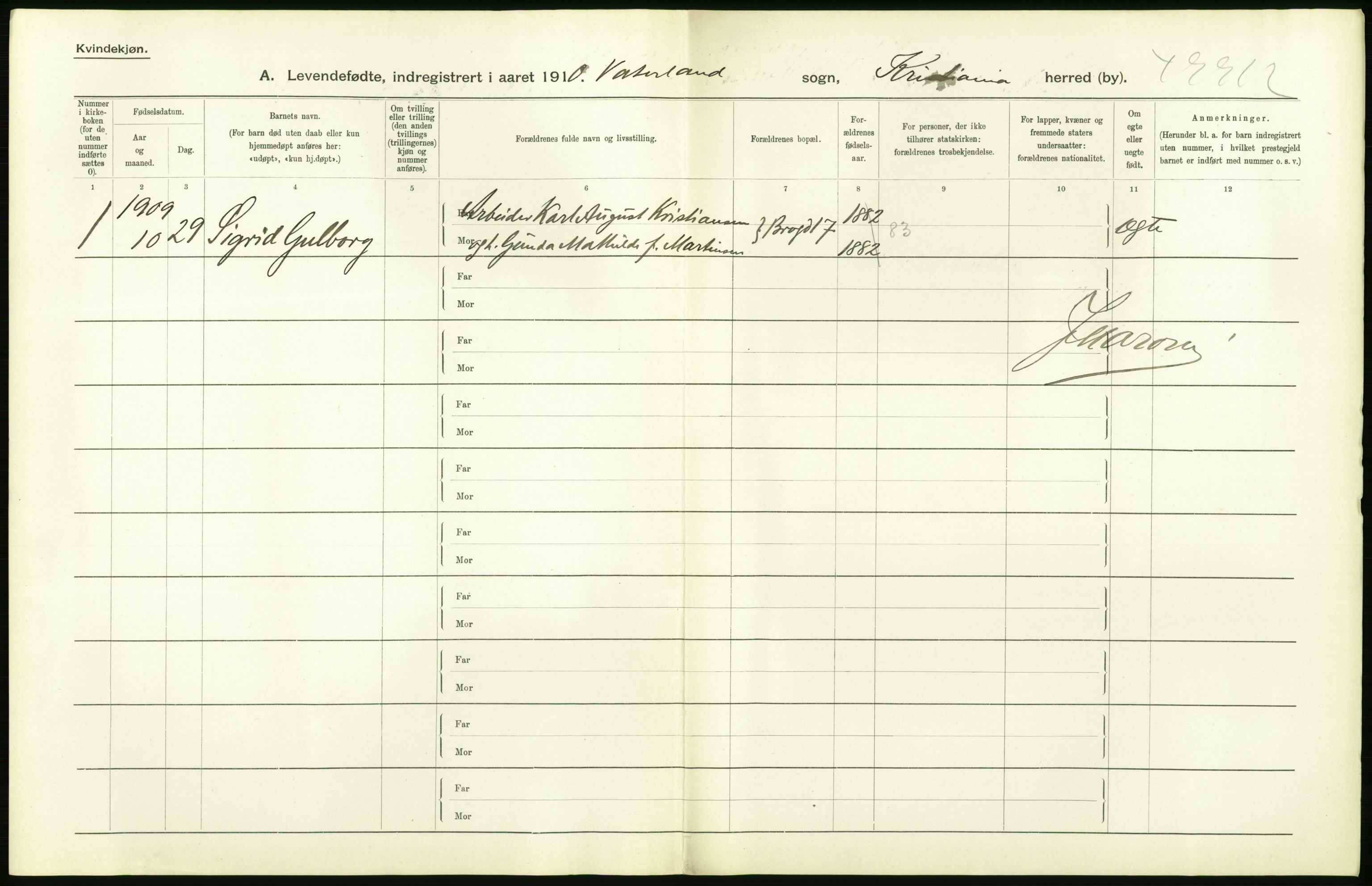 Statistisk sentralbyrå, Sosiodemografiske emner, Befolkning, RA/S-2228/D/Df/Dfa/Dfah/L0007: Kristiania: Levendefødte kvinner., 1910, p. 162