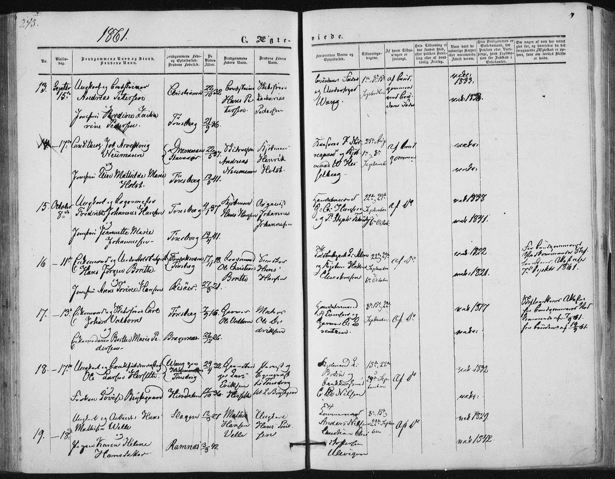 Tønsberg kirkebøker, AV/SAKO-A-330/F/Fa/L0008: Parish register (official) no. I 8, 1855-1864, p. 243