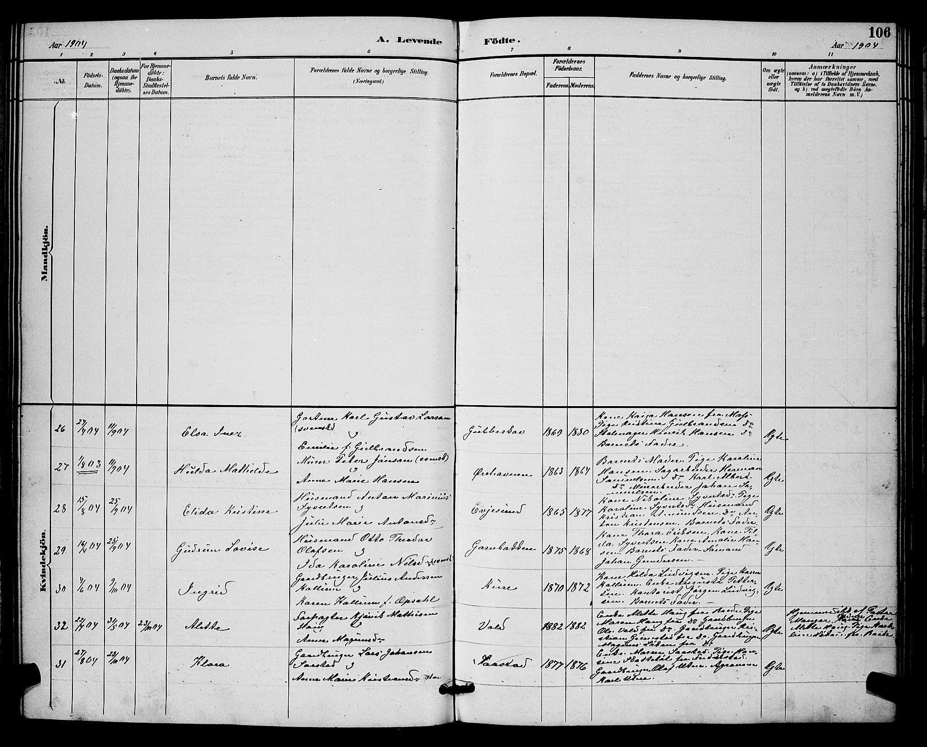 Rygge prestekontor Kirkebøker, AV/SAO-A-10084b/G/Ga/L0002: Parish register (copy) no. 2, 1887-1905, p. 106