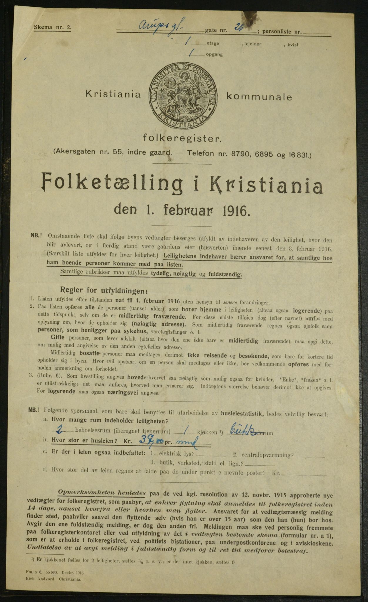 OBA, Municipal Census 1916 for Kristiania, 1916, p. 2600