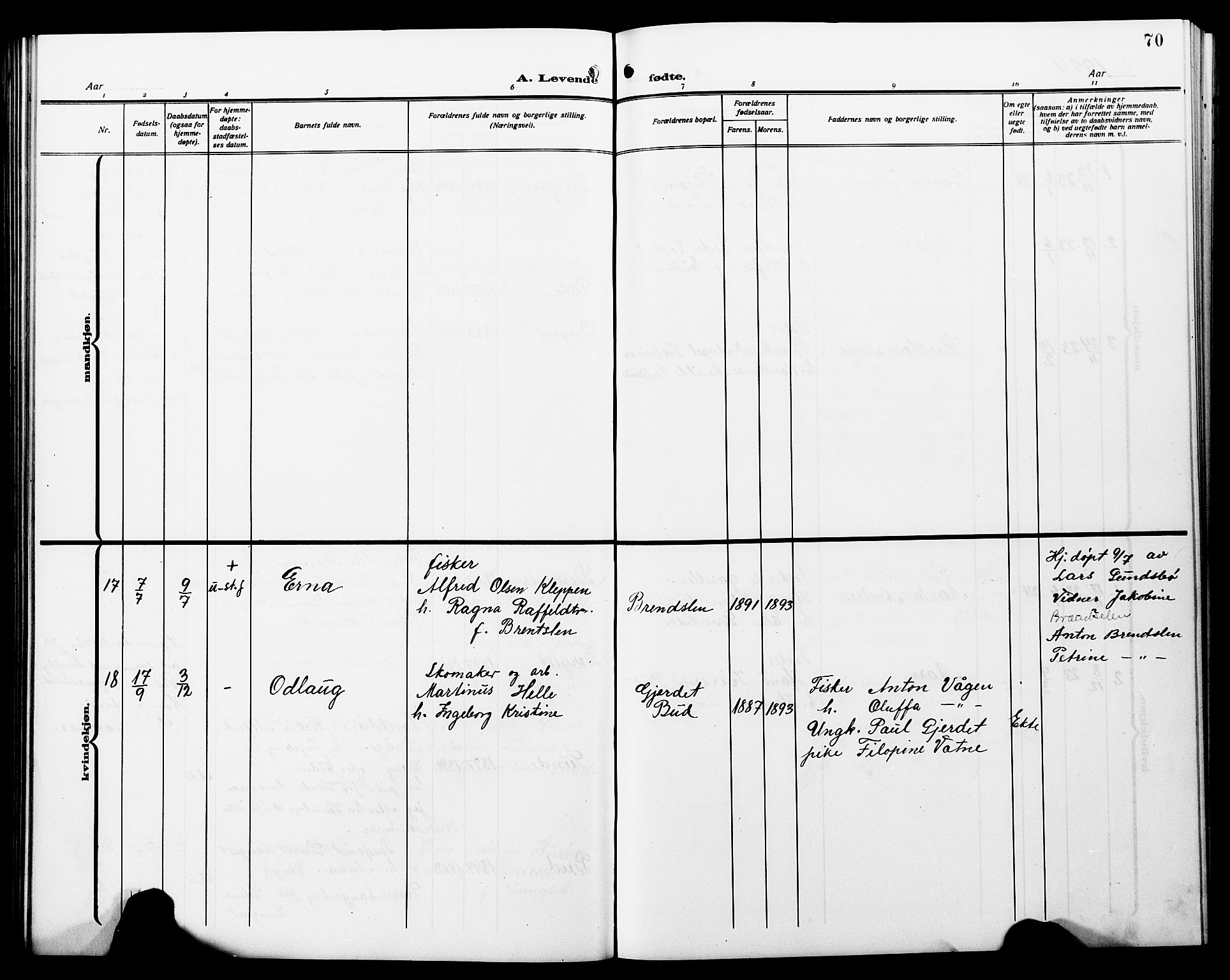 Ministerialprotokoller, klokkerbøker og fødselsregistre - Møre og Romsdal, SAT/A-1454/566/L0774: Parish register (copy) no. 566C03, 1910-1929, p. 70