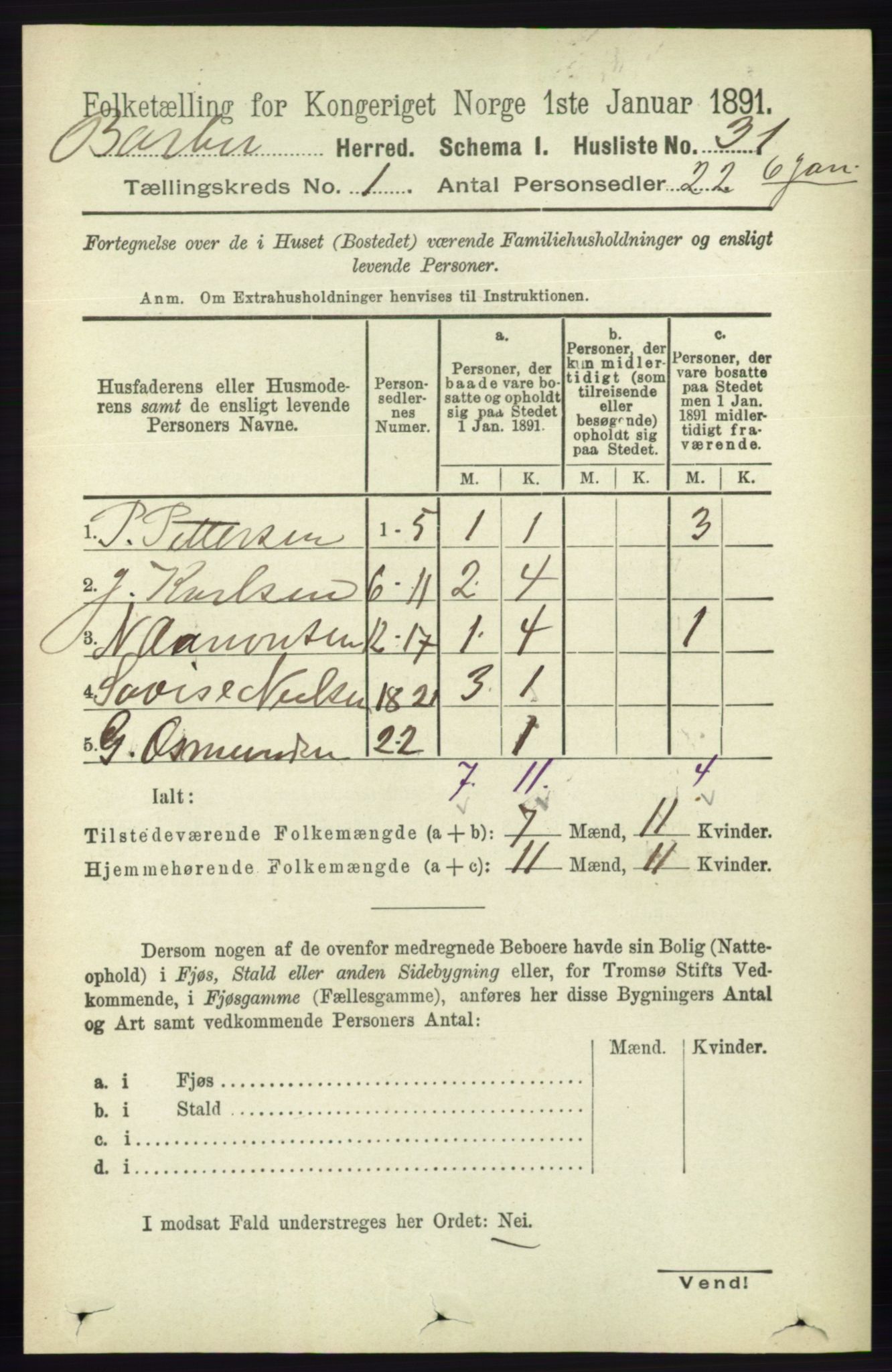 RA, 1891 census for 0990 Barbu, 1891, p. 62