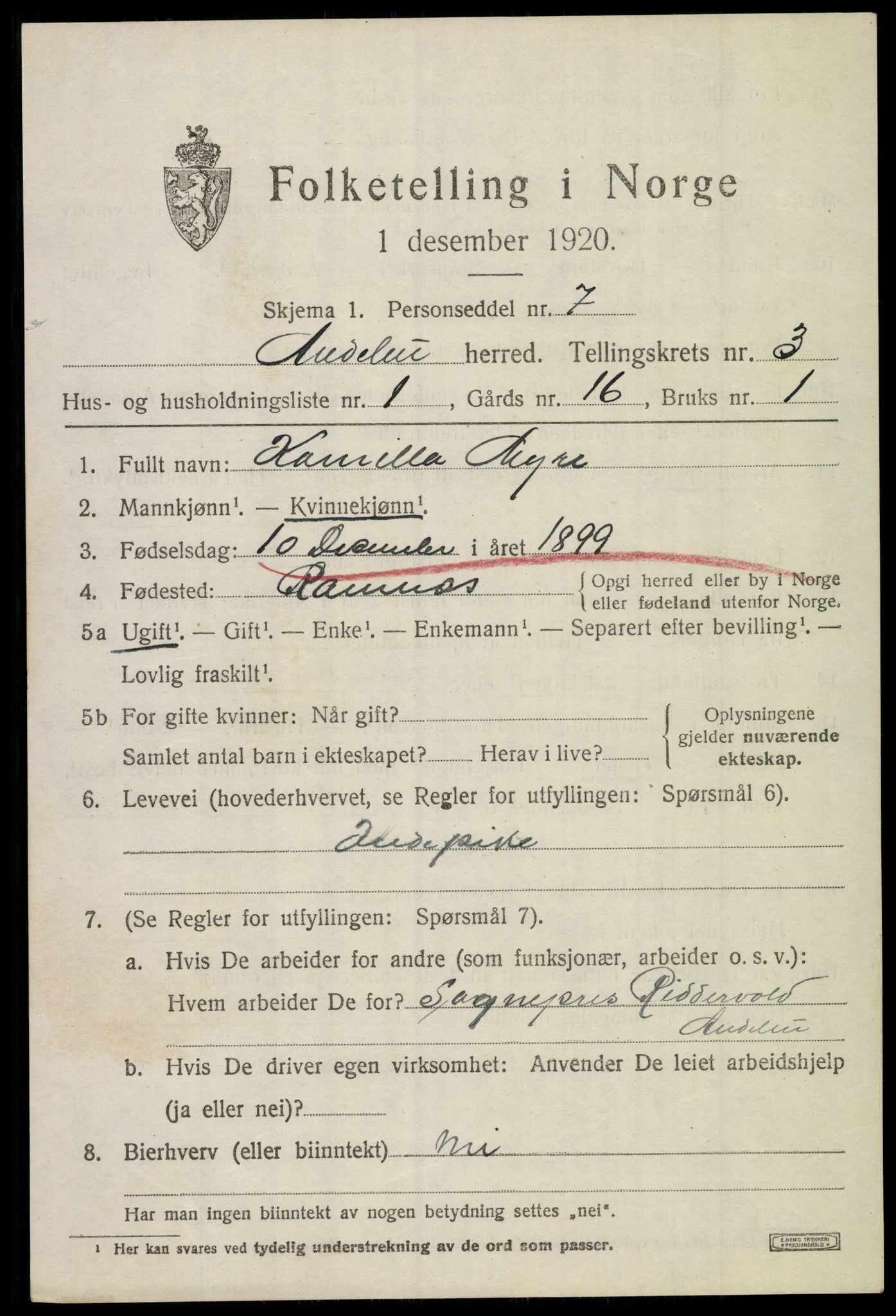 SAKO, 1920 census for Andebu, 1920, p. 1850