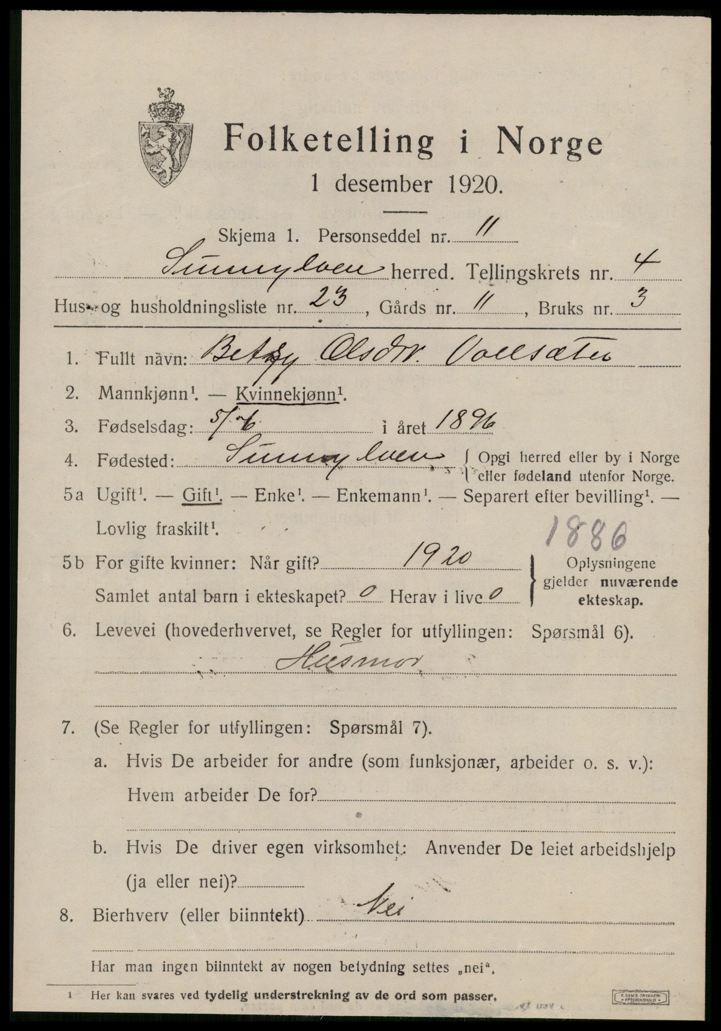 SAT, 1920 census for Sunnylven, 1920, p. 2160