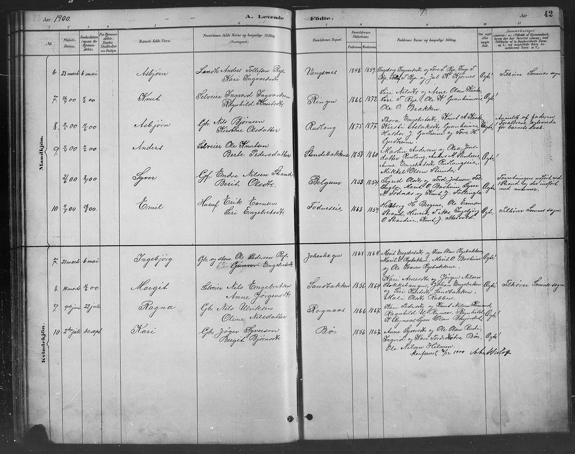 Nord-Aurdal prestekontor, SAH/PREST-132/H/Ha/Hab/L0008: Parish register (copy) no. 8, 1883-1916, p. 42