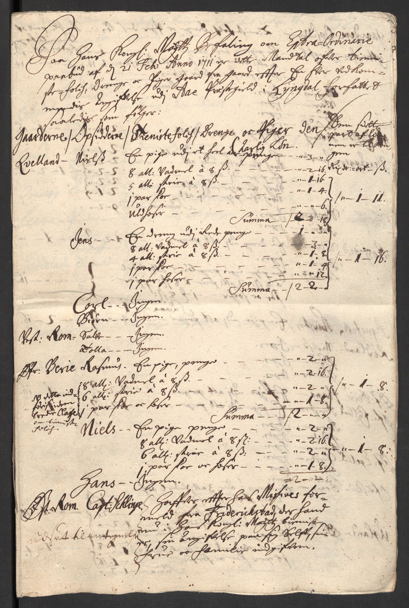 Rentekammeret inntil 1814, Reviderte regnskaper, Fogderegnskap, AV/RA-EA-4092/R43/L2554: Fogderegnskap Lista og Mandal, 1711, p. 363