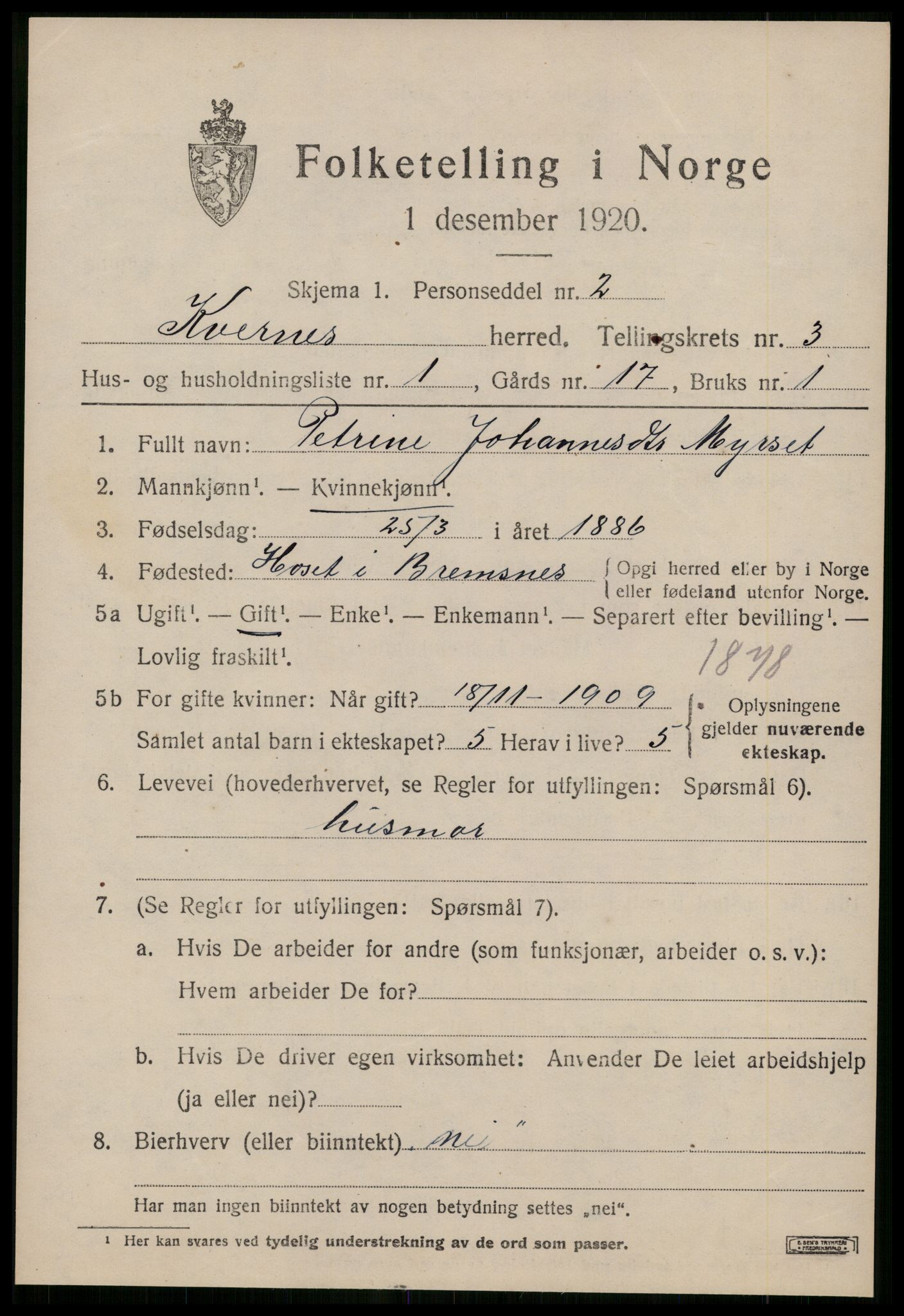 SAT, 1920 census for Kvernes, 1920, p. 1585