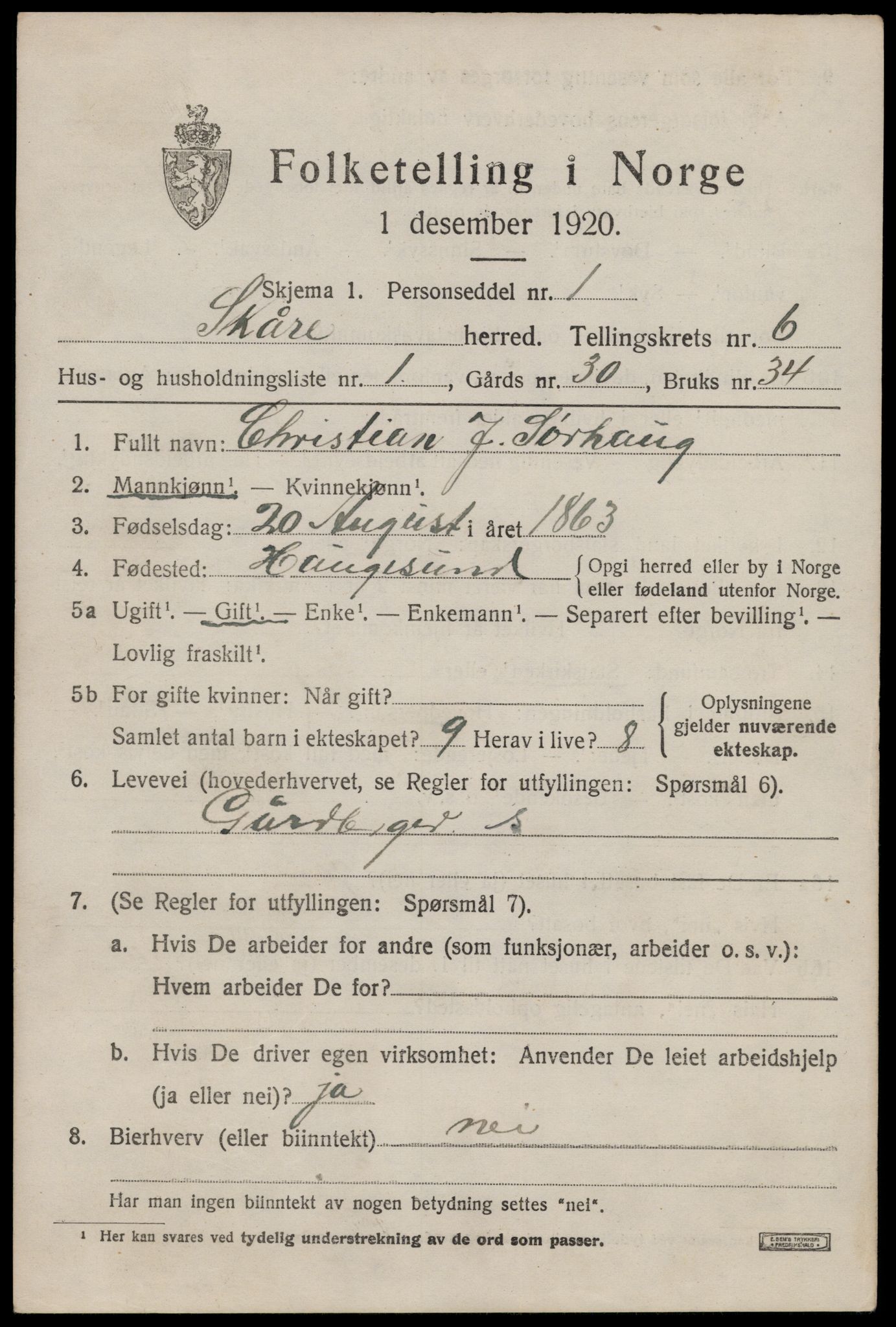 SAST, 1920 census for Skåre, 1920, p. 3728