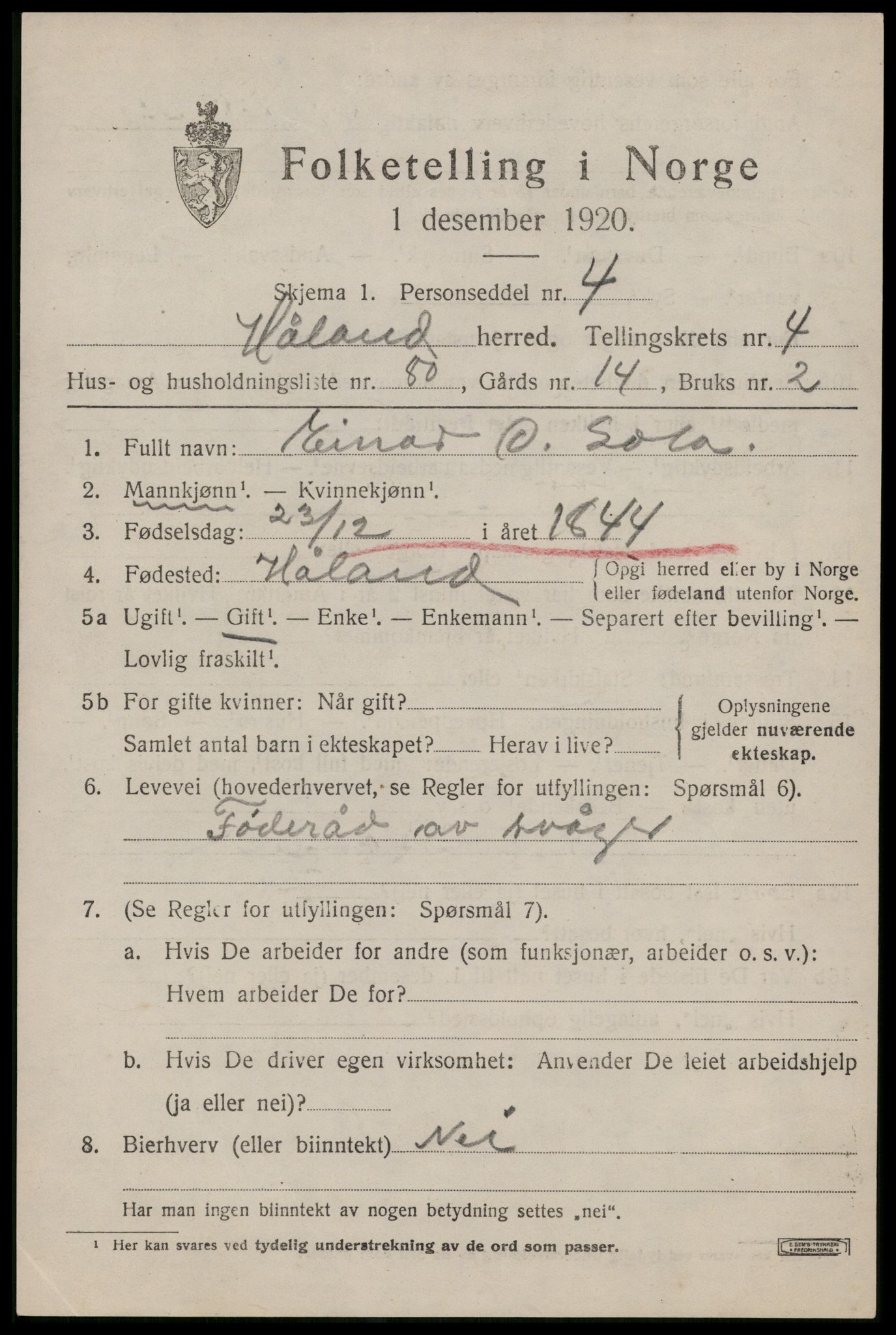 SAST, 1920 census for Håland, 1920, p. 4511