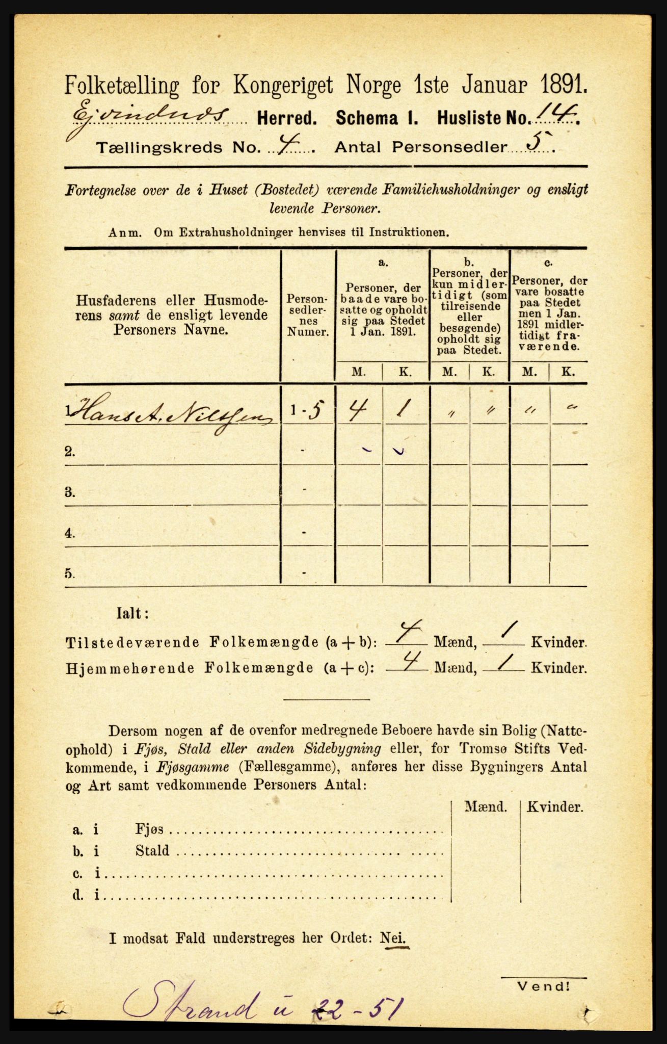 RA, 1891 census for 1853 Evenes, 1891, p. 1189