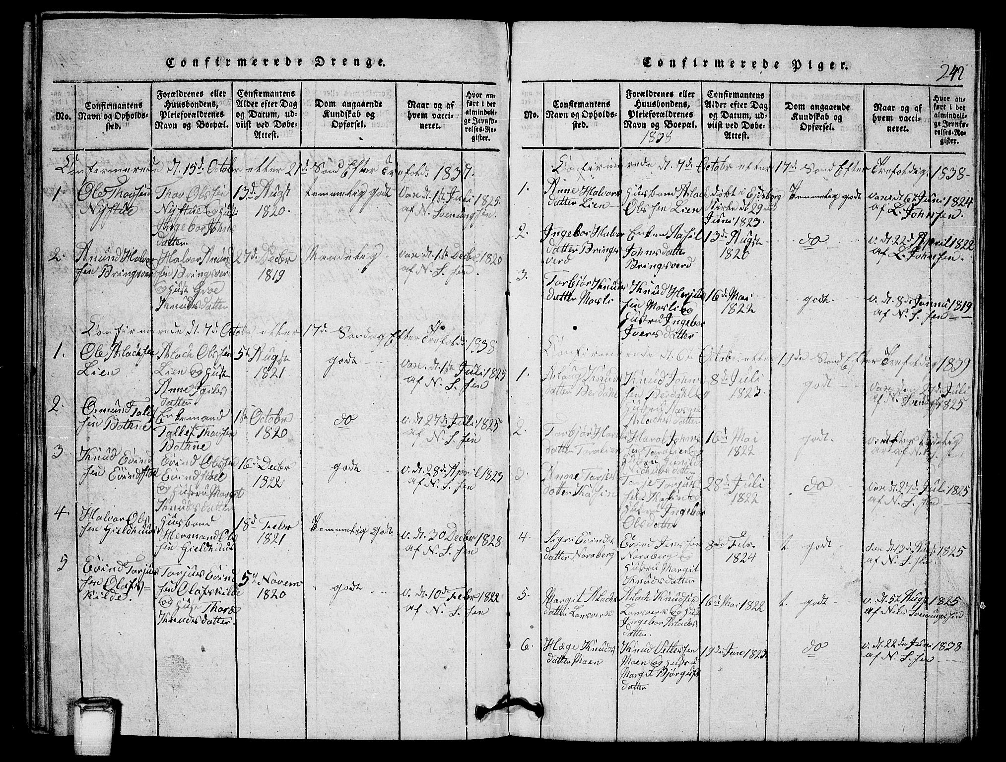 Vinje kirkebøker, SAKO/A-312/G/Gb/L0001: Parish register (copy) no. II 1, 1814-1843, p. 242