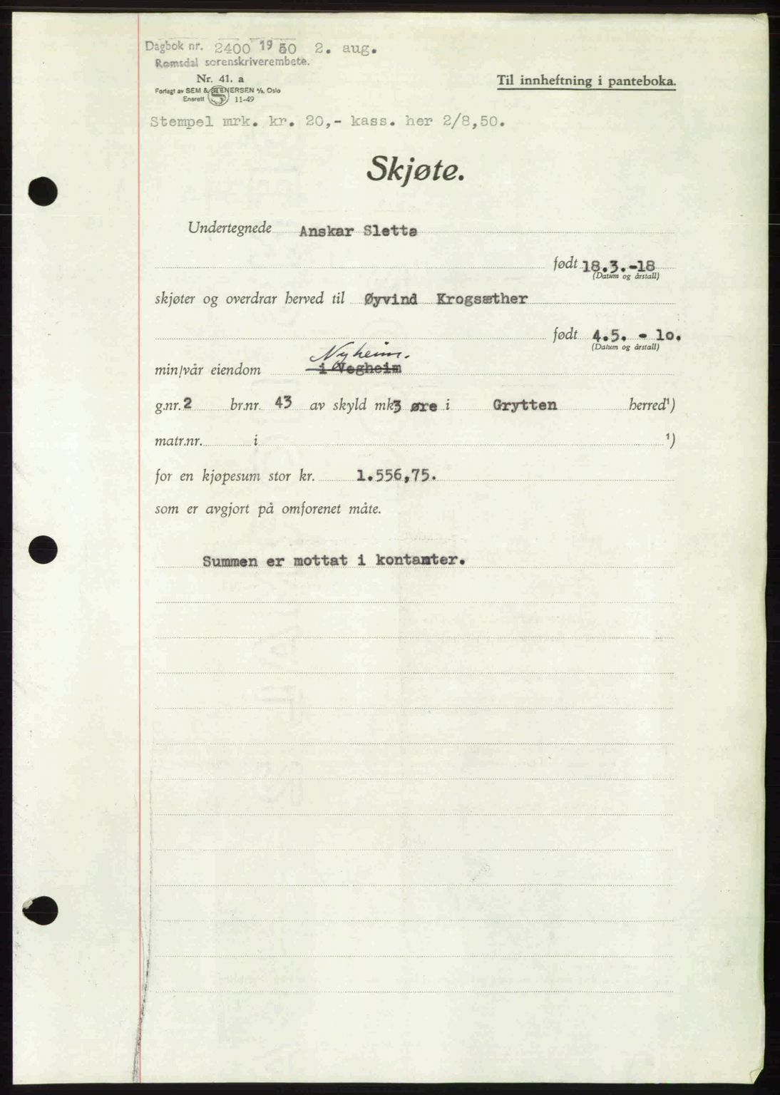 Romsdal sorenskriveri, AV/SAT-A-4149/1/2/2C: Mortgage book no. A34, 1950-1950, Diary no: : 2400/1950