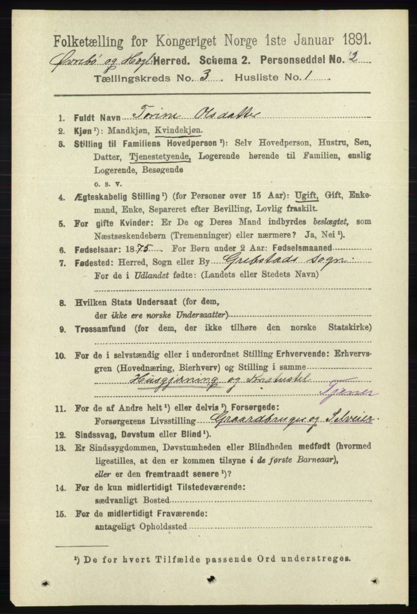 RA, 1891 census for 1016 Øvrebø og Hægeland, 1891, p. 525