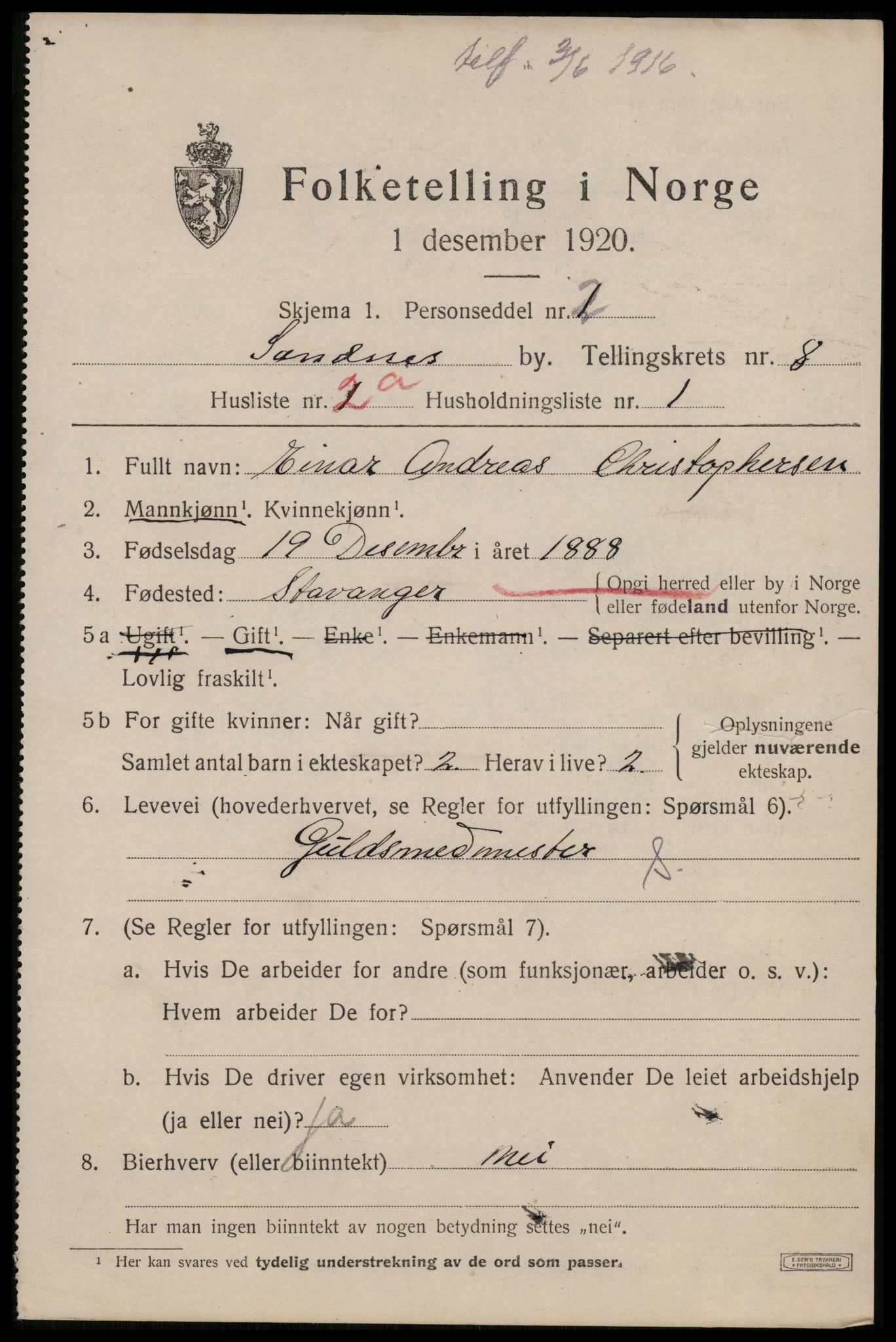 SAST, 1920 census for Sandnes, 1920, p. 5802