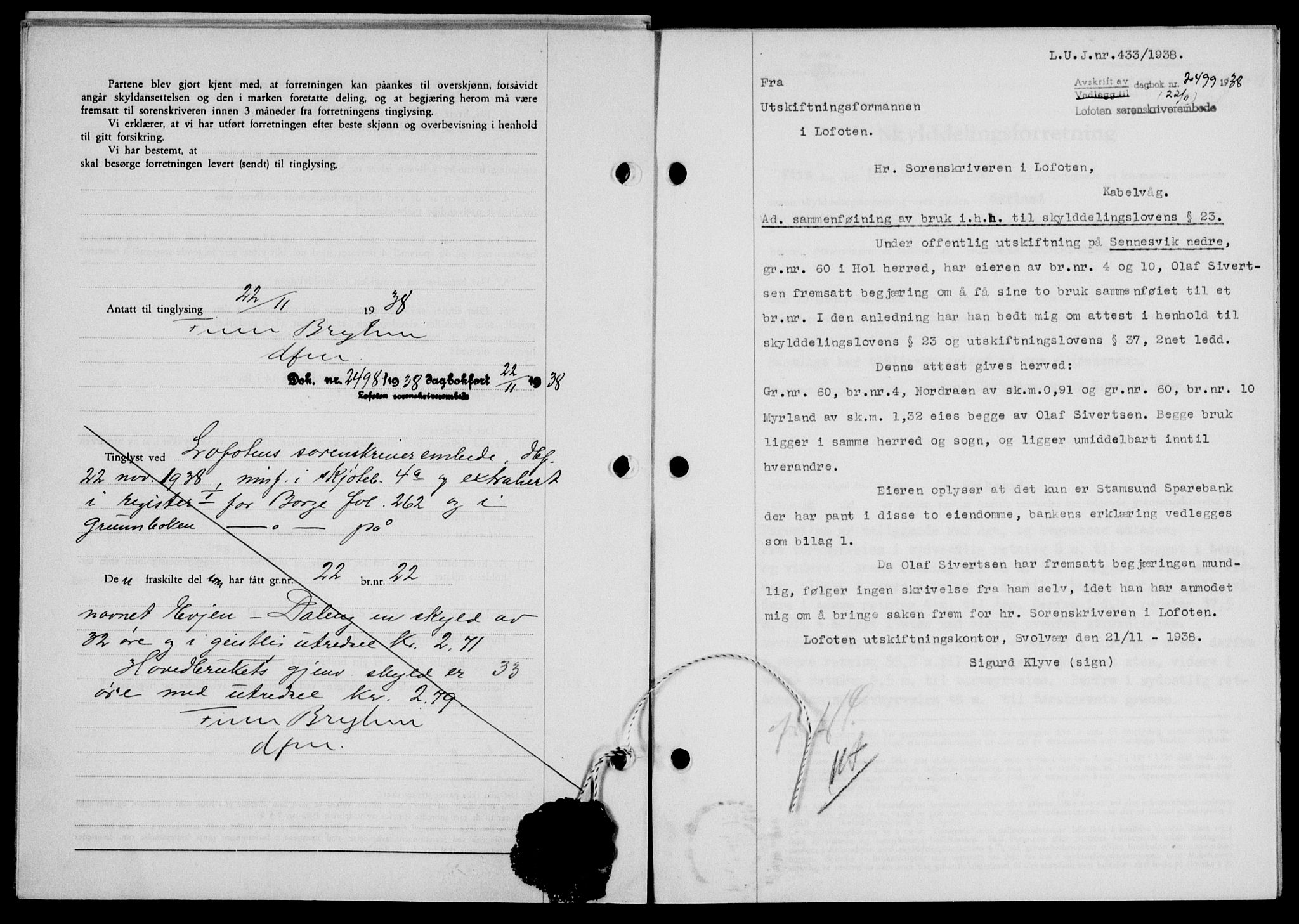 Lofoten sorenskriveri, SAT/A-0017/1/2/2C/L0004a: Mortgage book no. 4a, 1938-1938, Diary no: : 2499/1938