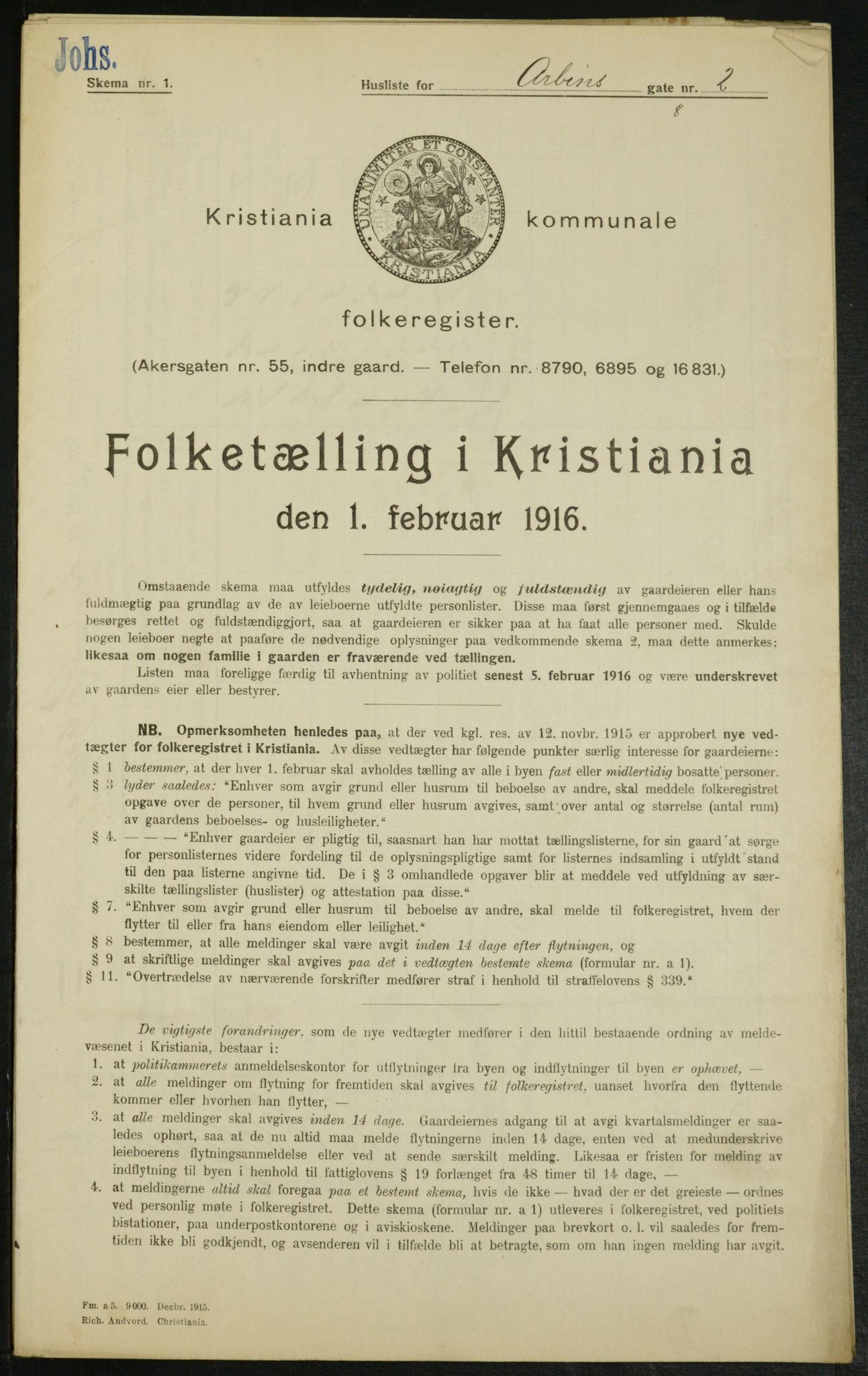 OBA, Municipal Census 1916 for Kristiania, 1916, p. 1485