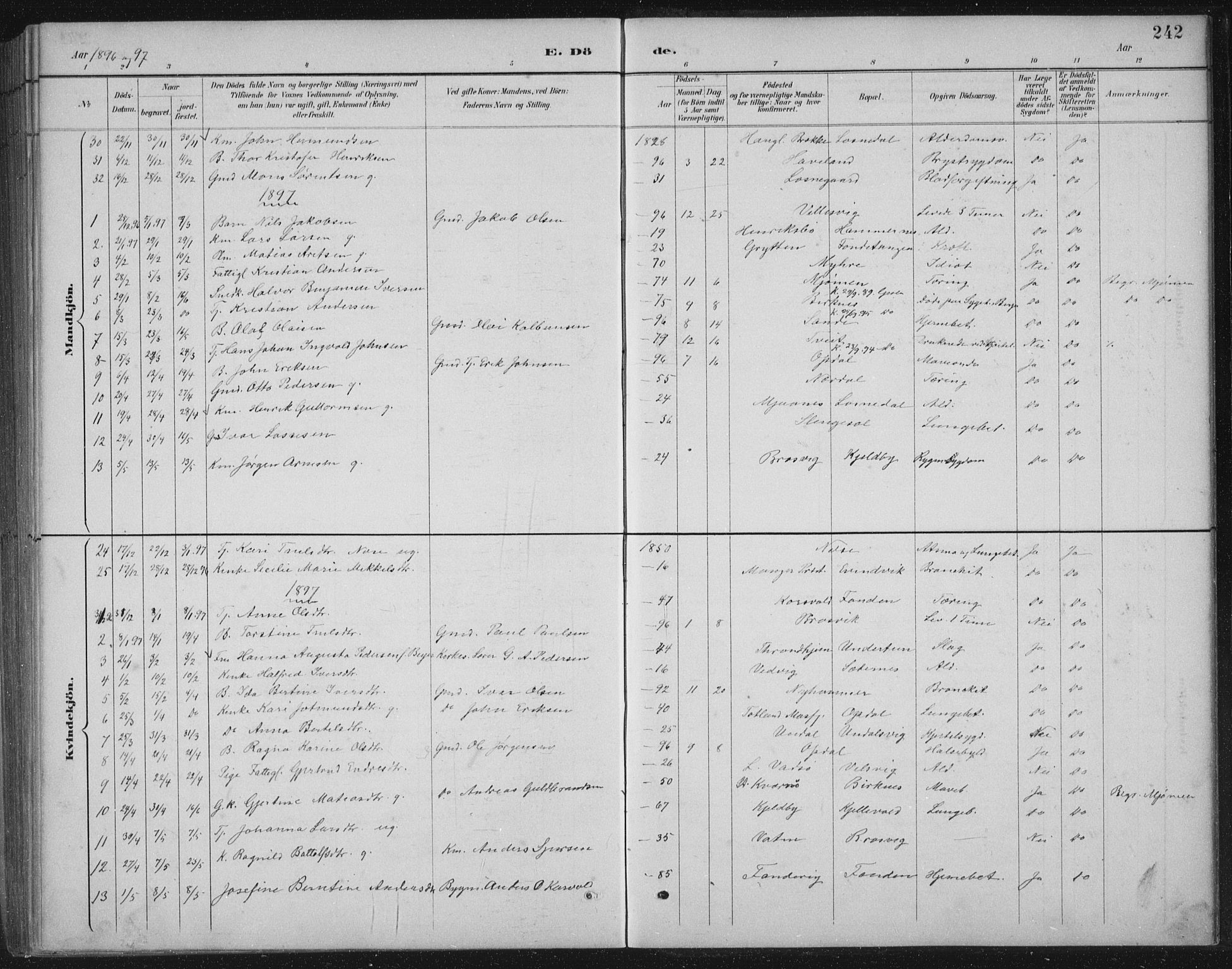 Gulen sokneprestembete, AV/SAB-A-80201/H/Hab/Habb/L0003: Parish register (copy) no. B 3, 1884-1907, p. 242