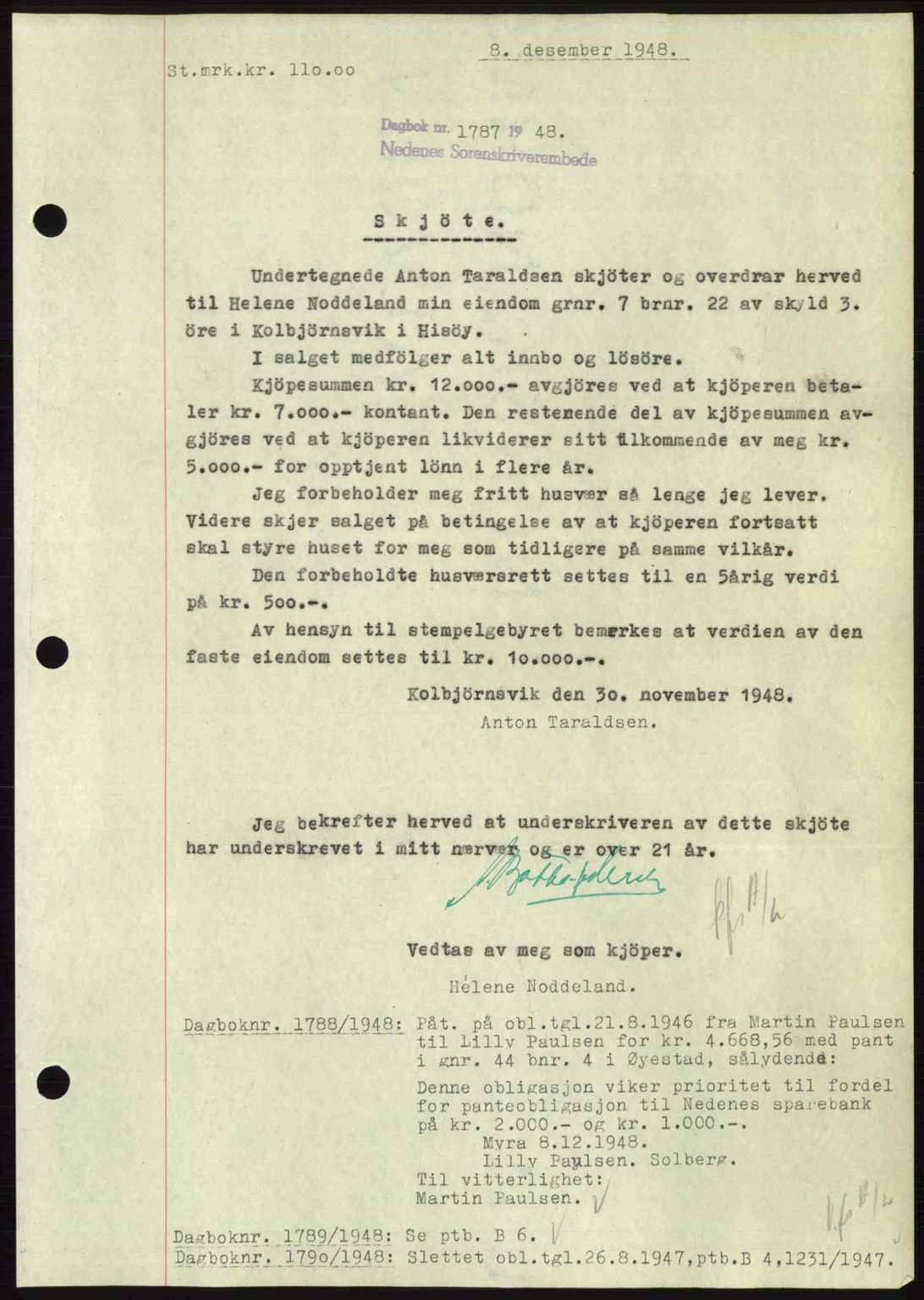 Nedenes sorenskriveri, SAK/1221-0006/G/Gb/Gba/L0060: Mortgage book no. A12, 1948-1949, Diary no: : 1787/1948