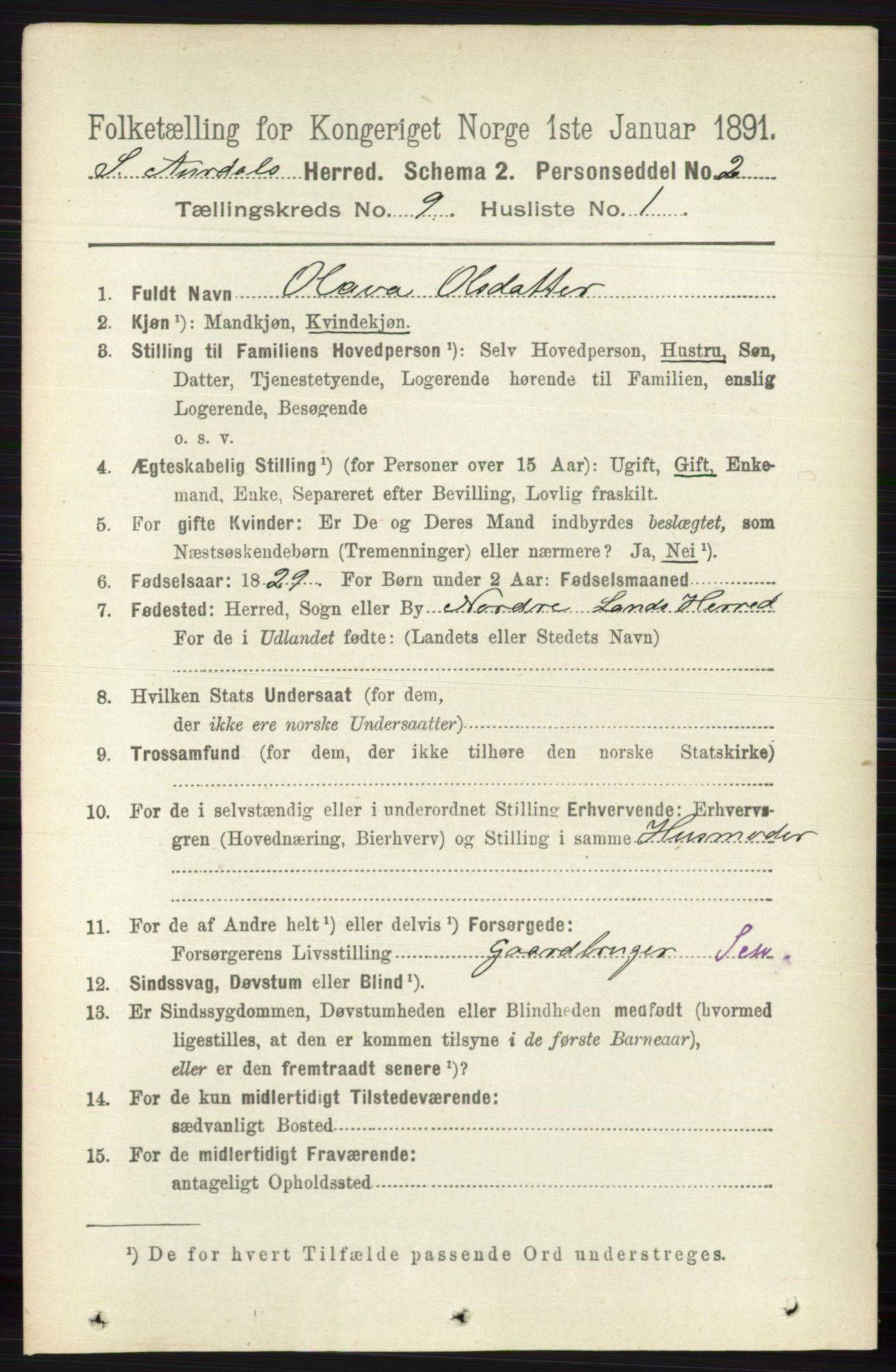 RA, 1891 census for 0540 Sør-Aurdal, 1891, p. 5539